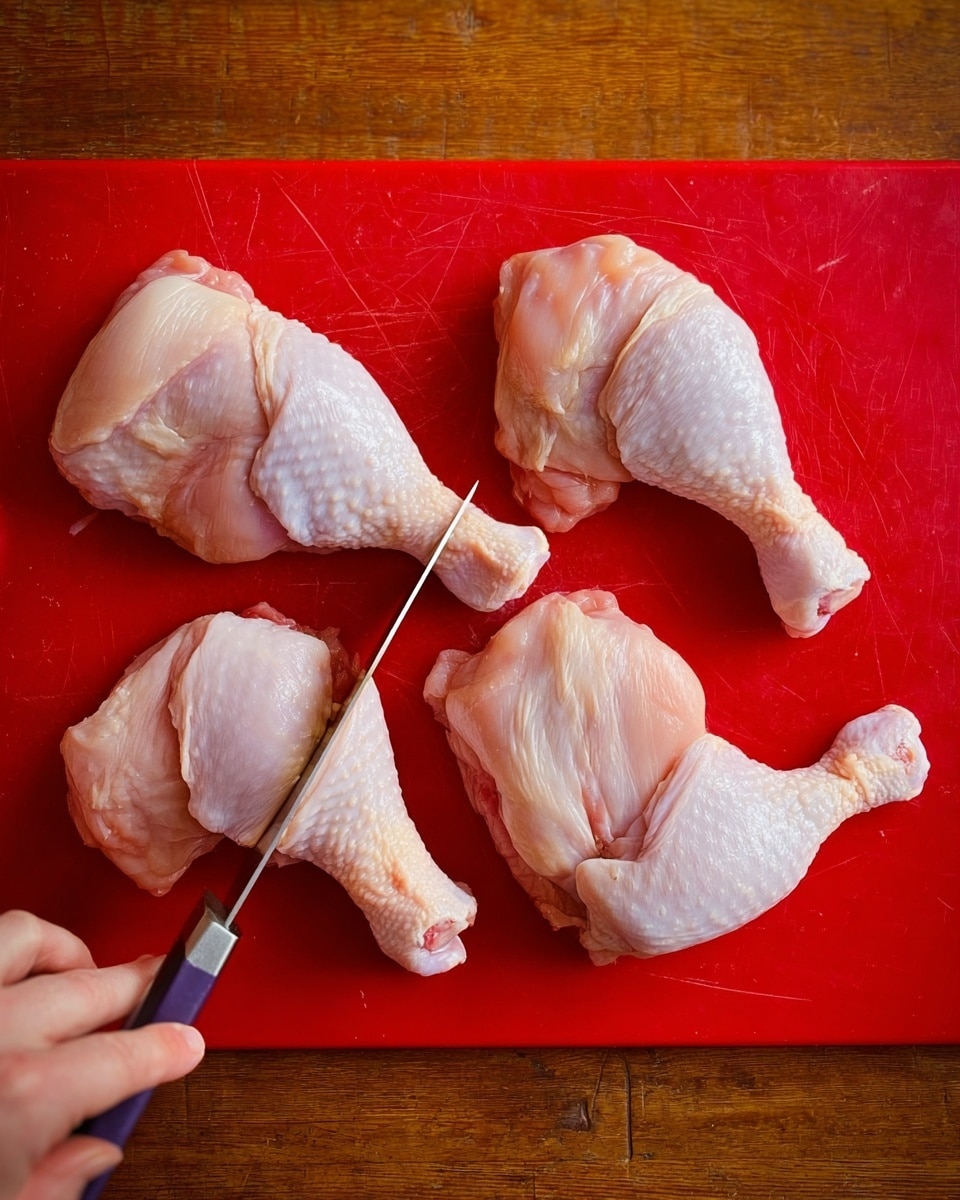 The image shows four raw chicken legs placed on a bright red cutting board with a wooden surface underneath. Each chicken leg has a few deep cuts on the skin, revealing the pale pink meat beneath, with a slightly shiny and smooth texture. On the lower left corner, a woman's hand is gently holding one chicken leg while a knife is slicing into it, positioned vertically. The chicken legs are arranged in a loose square pattern with the drumsticks pointing outward. The colors mainly include light pinks and whites of the chicken, contrasted with the bold red cutting board and the brown wooden table. photo taken with an iphone --ar 4:5 --v 7