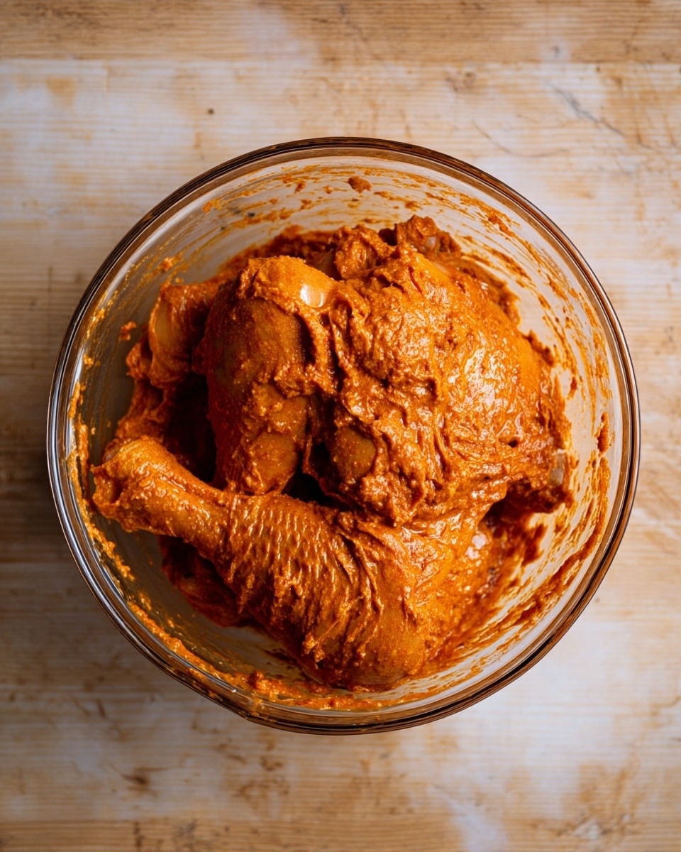 A top view of a clear glass bowl holding three pieces of chicken legs fully covered in a thick, bright orange spice paste. The chicken pieces are stacked closely, with the paste unevenly spread, showing some texture and ridges. The bowl is placed on a white marbled surface that contrasts with the rich color of the marinade inside the bowl. photo taken with an iphone --ar 4:5 --v 7