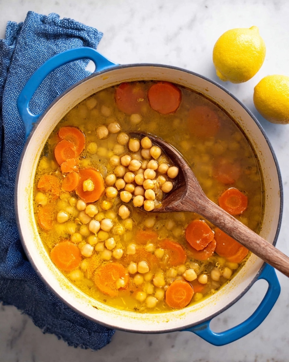 A large white pot with blue handles sits on a white marbled surface, filled with a soup of chickpeas and orange carrot slices in a yellow broth. A wooden spoon rests inside the pot, lifting a small pile of chickpeas above the liquid. To the right of the pot, two whole lemons are placed on the surface, and a blue cloth is partially visible on the left side. The texture of the broth is smooth and slightly shiny, with the round chickpeas and soft carrot slices creating a warm, comforting look. Photo taken with an iphone --ar 4:5 --v 7