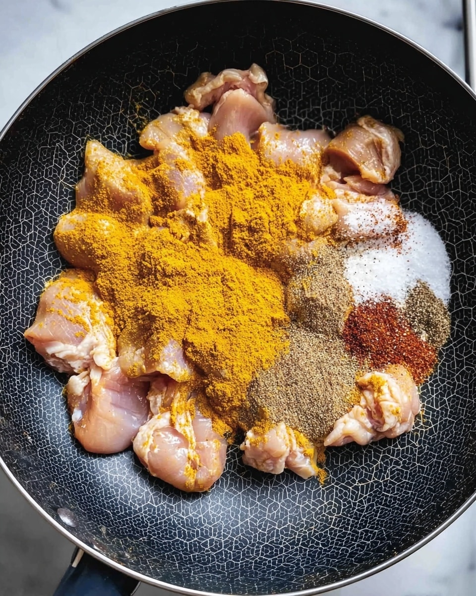 The image shows raw chicken pieces placed in a black frying pan with a hexagonal pattern. The chicken is spread evenly across the pan bottom as the base layer. On top of the chicken are multi-colored spices: a thick layer of bright yellow turmeric spread mainly in the center and to the right, patches of dark brown and black pepper sprinkled around, and some white salt piles scattered near the middle. The pan sits on a stove but instead of the stove surface, the background is a white marbled texture. The entire scene is shot from above. Photo taken with an iphone --ar 4:5 --v 7