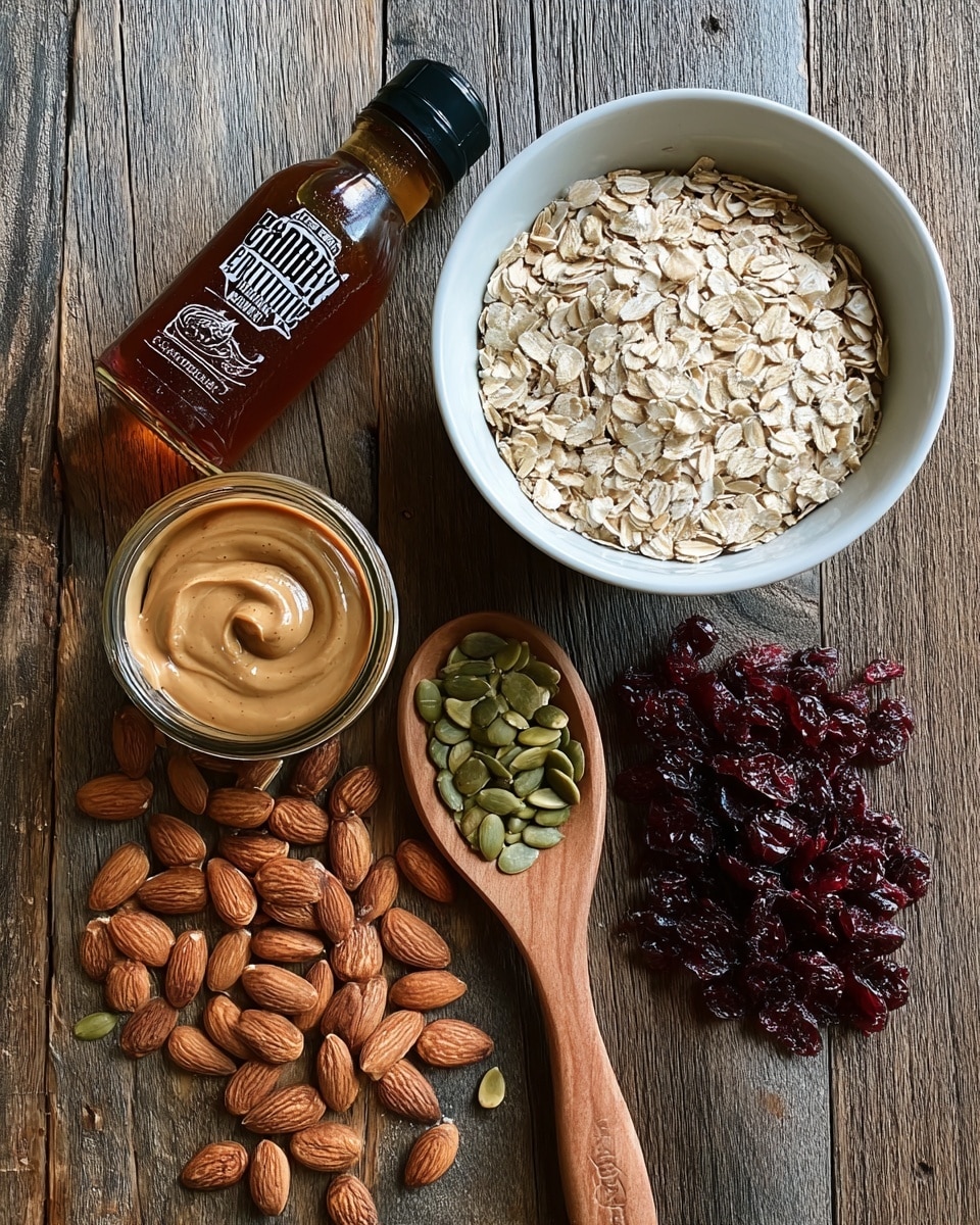 The image shows a flat lay of ingredients on a wooden surface. There is a white bowl filled with light beige rolled oats at the top right. Below the bowl, a wooden spoon holds a mix of green pumpkin seeds and some light brown seeds. Next to the spoon are scattered almonds, light brown and smooth in texture. To the left of the almonds is a small clear glass jar filled with creamy peanut butter, light brown and smooth on top. Above the jar is a bottle of amber-colored syrup with a black cap. To the right side of the arrangement, there is a neat pile of dark red dried cranberries. A few rolled oats are scattered near the almonds and cranberries. photo taken with an iphone --ar 4:5 --v 7