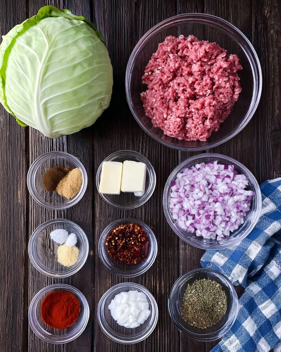 The image shows multiple ingredients neatly arranged on a dark wooden surface with a whole green cabbage in the top left corner. In the center, a large clear bowl holds raw pink ground meat. To the right of the meat bowl is a smaller clear bowl filled with finely chopped purple and white onions. Below these, several small clear bowls hold different spices and ingredients: light brown powder, bright red powder, white cubes of butter, dark red paste, greenish-brown powder, black pepper, white salt, and crushed red chili flakes. A blue and white checked towel is partially visible on the right side. The setup is clean and organized, with all ingredients clearly visible. Photo taken with an iphone --ar 4:5 --v 7