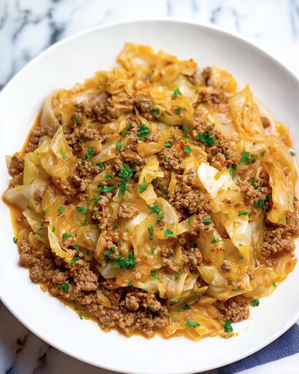 A white plate holds a stew made of cooked ground meat and soft cabbage pieces. The dish has a mix of light brown and pale yellow colors with hints of orange from the sauce. Small green herbs are sprinkled throughout the stew, adding small spots of color. The sauce looks slightly thick and moist, surrounding the meat and cabbage evenly. The white plate contrasts with the warm earthy tones of the stew. The background is a white marbled surface. photo taken with an iphone --ar 4:5 --v 7