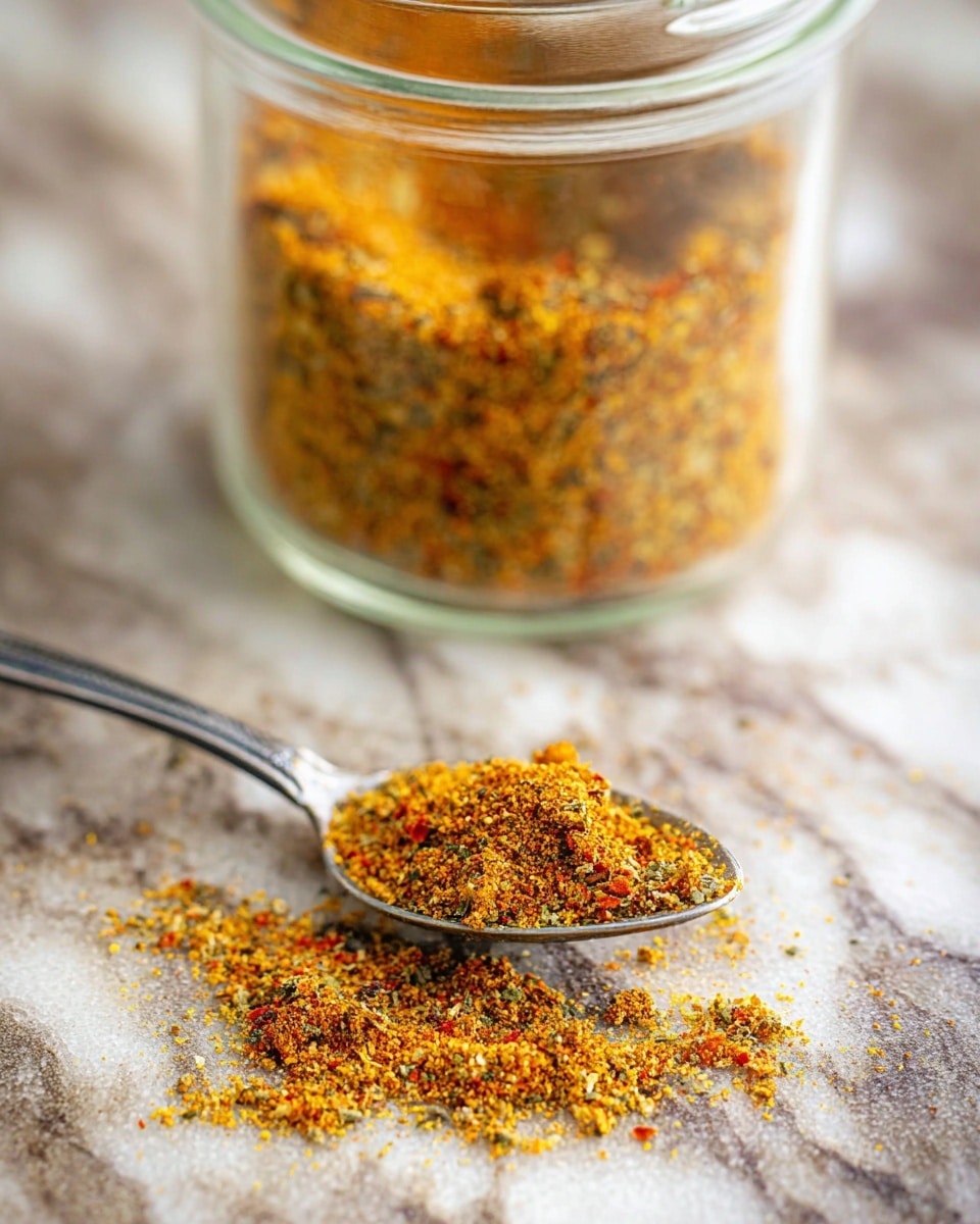 A small clear glass jar filled with a coarse dry spice mix that is mainly orange-brown with green herb flakes scattered throughout. A metal measuring spoon, filled with the spice mix, rests balanced inside the jar near its top edge. The jar is placed on rough, weathered wooden board with gray and brown tones, and the background features a white marbled texture. A soft beige cloth is visible near the top edge of the image. photo taken with an iphone --ar 4:5 --v 7