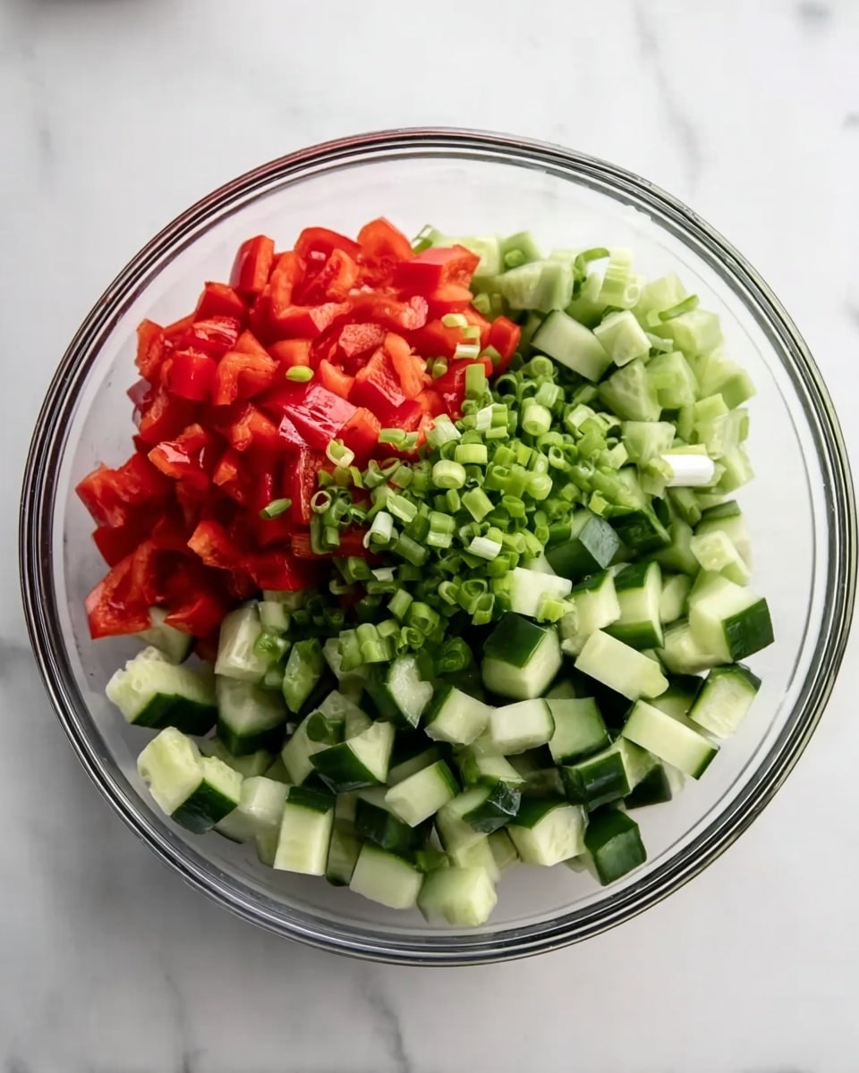 A clear glass bowl sits on a white marbled surface, filled with three layers of chopped vegetables. On the left side, there is a pile of bright red diced bell pepper. Next to it, occupying the middle and right side, are medium-sized pieces of light and dark green cucumber. Scattered mainly on the top are small pieces of bright green sliced scallions, adding a fresh look. The colors are vivid and fresh with a clear separation between each vegetable group. photo taken with an iphone --ar 4:5 --v 7
