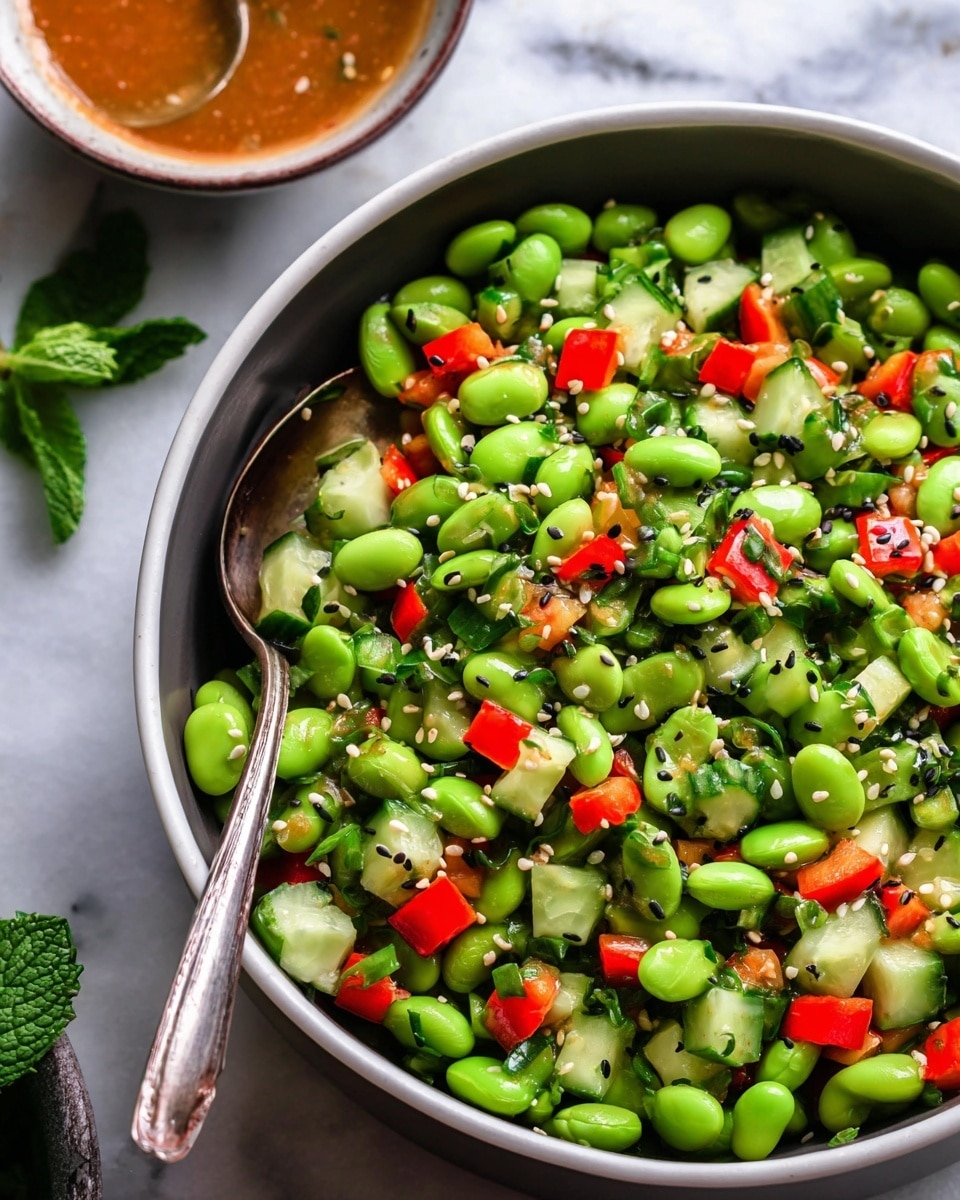 A close-up view of a fresh, colorful salad in a white bowl, filled mostly with bright green edamame beans and chopped cucumber pieces. Mixed in are small cubes of vibrant red bell pepper and bits of chopped green herbs evenly spread throughout. White and black sesame seeds are sprinkled on top, adding texture and contrast. A shiny silver spoon rests inside the bowl on the left side. In the background, there is a small bowl with a brownish dressing and a silver spoon on a white marbled surface with a small green herb leaf beside it. photo taken with an iphone --ar 4:5 --v 7