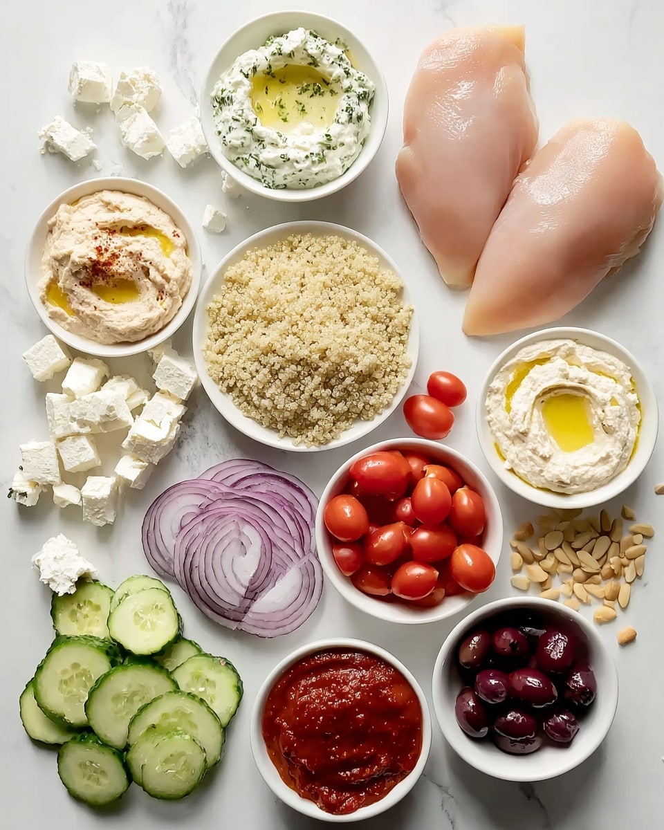 The image shows an arrangement of fresh ingredients on a white marbled surface. At the top right, there are two raw chicken pieces with a smooth, pale pink texture. Surrounding them are four small white bowls: one with a creamy white sauce with green herbs, two with light beige hummus drizzled with olive oil, and one with crumbled white cheese. In the middle left, there is a pile of cooked quinoa with a fluffy and slightly textured look. Below that, there are slices of fresh cucumber, red onion rings, dark purple olives, and halved red cherry tomatoes all placed neatly in rows. Two small white bowls filled with a thick, deep red sauce are on the left side. Cubes of white feta cheese and some pine nuts are scattered near the bottom left. The colors and textures are clean and fresh, laid out in a visually pleasing way. photo taken with an iphone --ar 4:5 --v 7