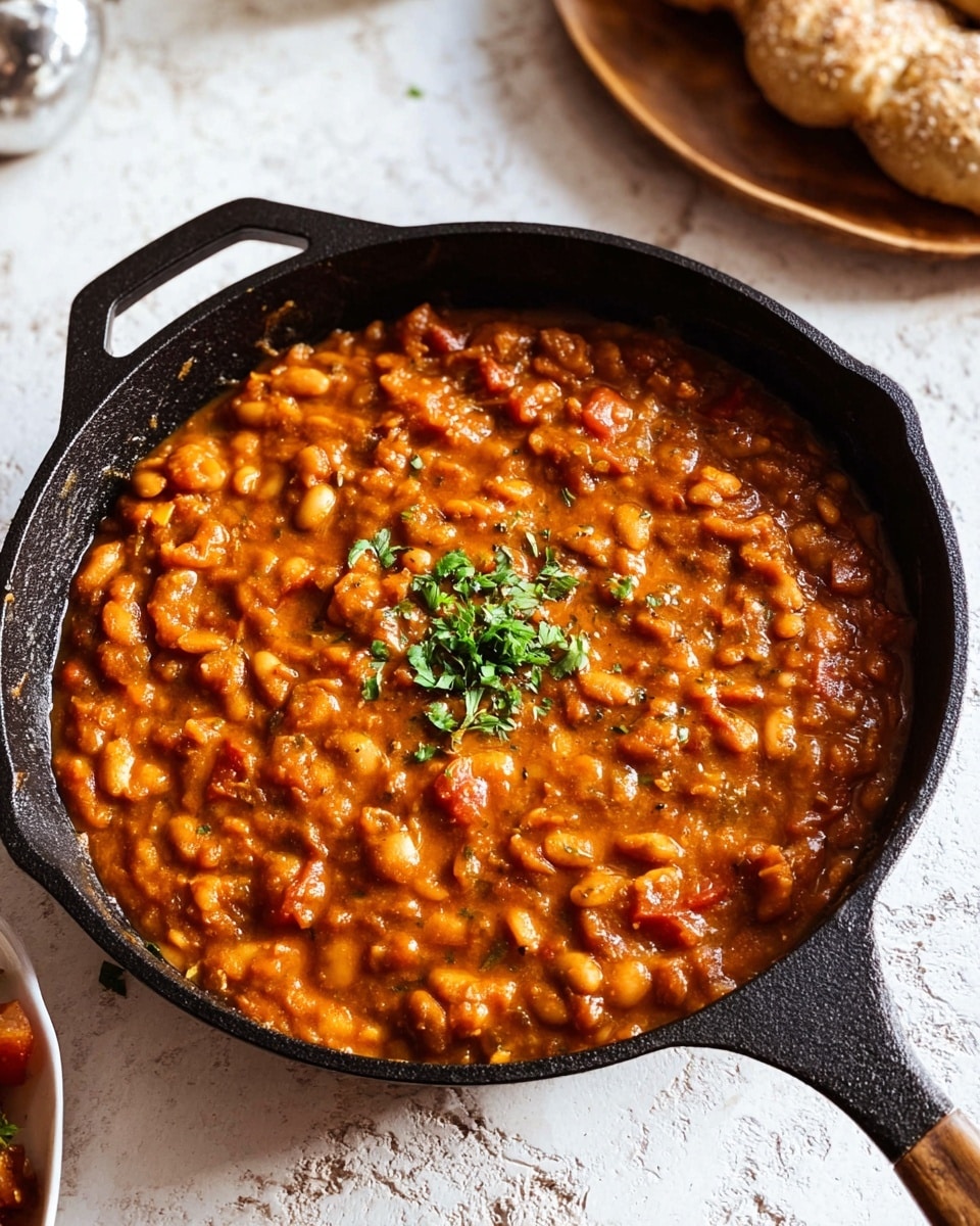 The image shows a black cast iron pan filled with a thick stew made of beans and chunks of tomatoes in a rich, orange-brown sauce. The stew has a chunky, soft texture with visible beans and tomato pieces spread all over. There is a small sprinkle of fresh chopped green herbs in the center, adding a touch of color contrast. The pan lies on a light-colored textured surface with a white marbled texture, and part of a wooden plate with bread is visible in the background. Photo taken with an iphone --ar 4:5 --v 7