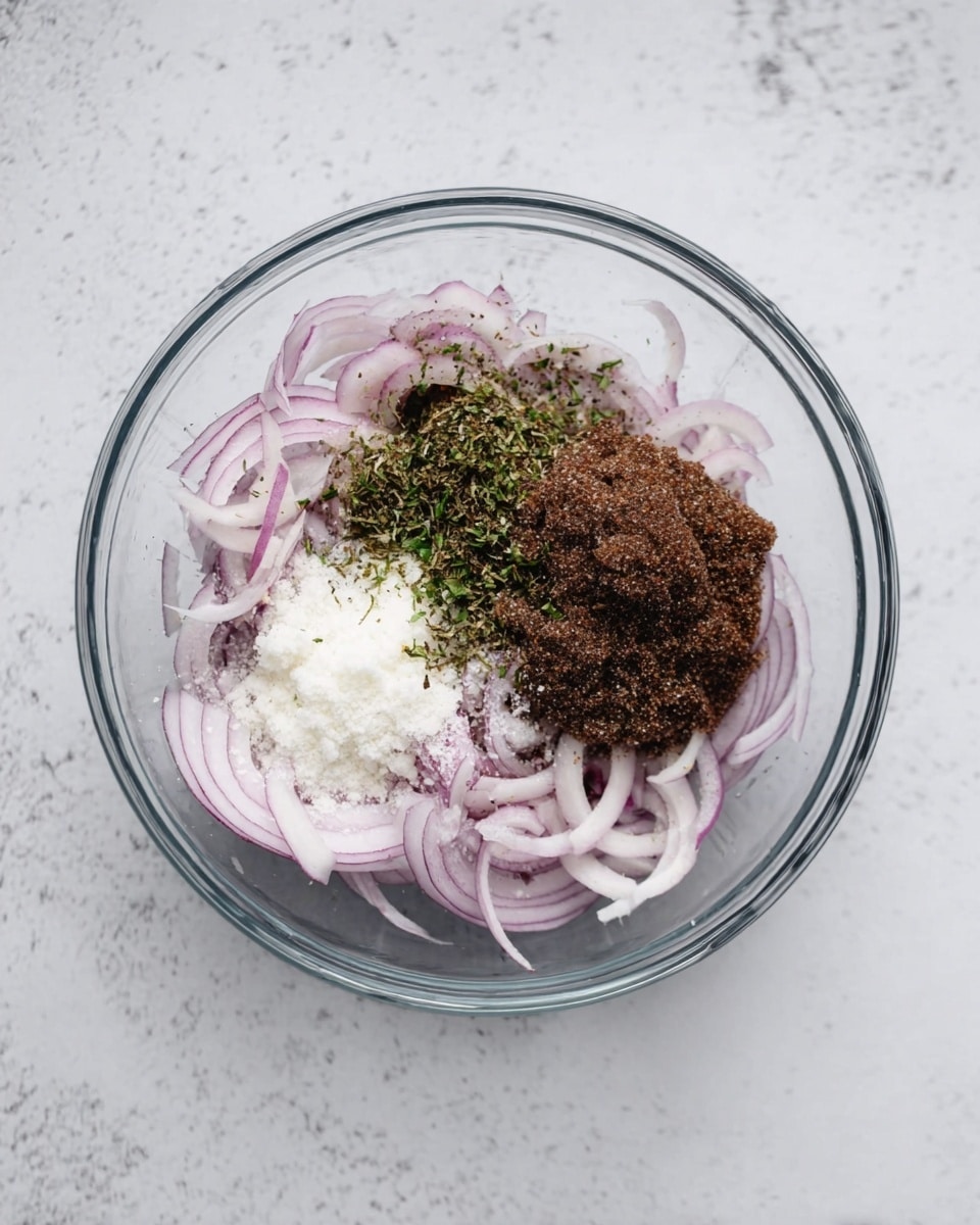 A clear glass bowl sits on a white marbled surface, filled with four main layers. The bottom layer shows thin slices of pale purple onions scattered unevenly. On top of the onions, there is a dark brown granular paste, positioned mostly on one side of the bowl. Next to this paste, there is a small mound of coarse white salt and a small pile of finely chopped green herbs spread lightly across the onions. The texture contrasts between the smooth onion slices and the rough spices create a clear separation of each component photo taken with an iphone --ar 4:5 --v 7
