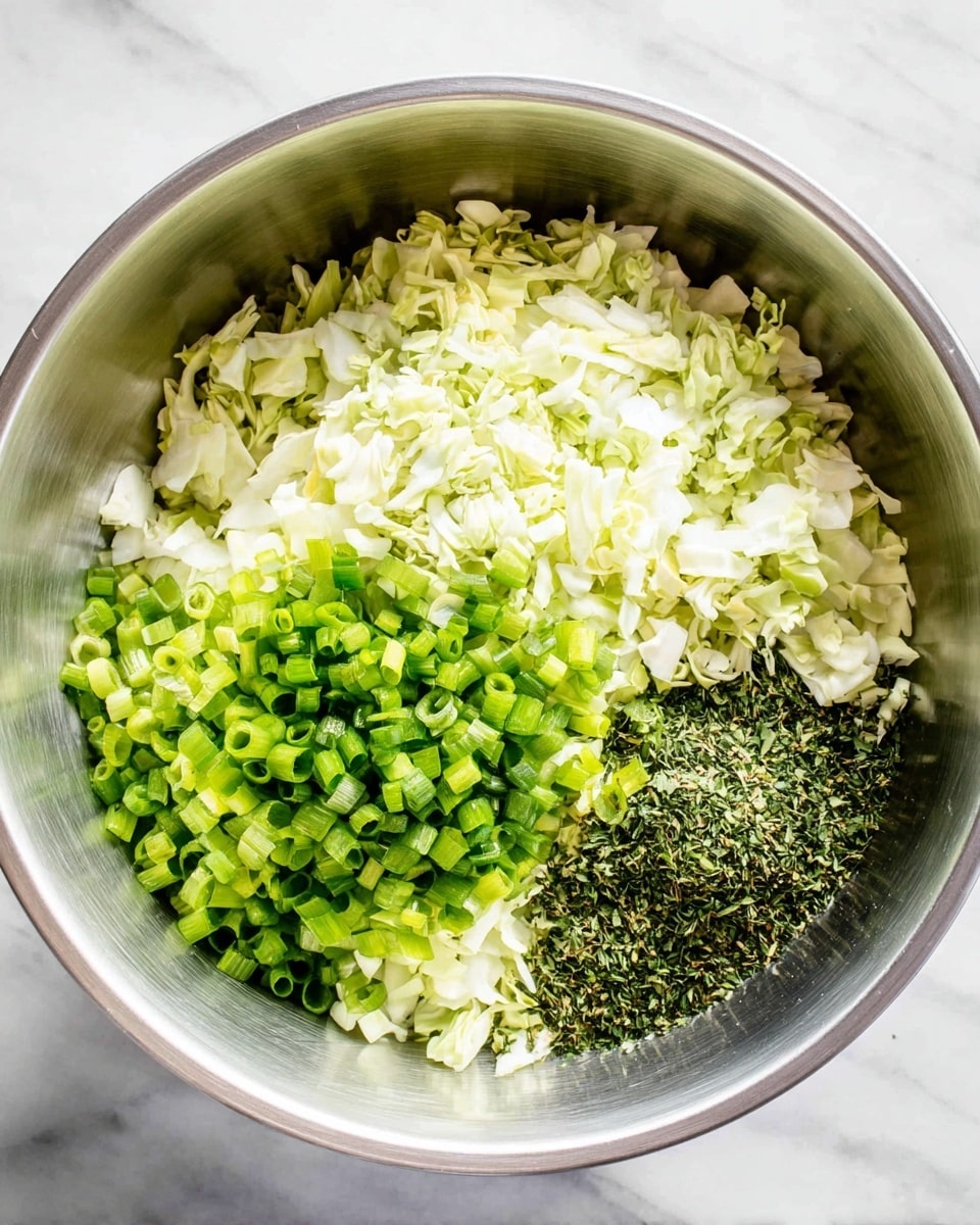 A metal bowl holds three layers of chopped vegetables neatly separated: bright green chopped fresh green onions fill the top right section, finely chopped cabbage with a pale whitish-green color covers the left side, and a pile of dried, darker green chopped herbs sits at the bottom right corner. The bowl is placed on a white marbled surface. photo taken with an iphone --ar 4:5 --v 7
