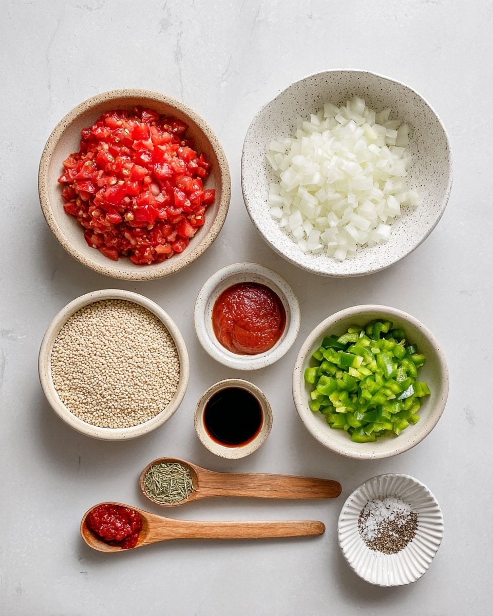 The image shows seven bowls and three wooden spoons laid out on a white marbled surface. One large white bowl in the center holds chopped white onions. Above it, a speckled beige bowl contains chunky red diced tomatoes. To the left of the onion bowl, there's a white bowl filled with dry quinoa grains. To the right, a white bowl holds finely chopped green bell peppers. A small beige speckled bowl below the quinoa contains minced garlic. Below the onion bowl, three wooden spoons are arranged horizontally: the largest spoon holds thick red tomato paste, the middle spoon holds dried herbs, and the smallest spoon holds a dark thick liquid, possibly balsamic vinegar. To the right of the garlic bowl, a small white dish with ridged edges contains coarse salt and cracked black pepper mixed together. All items are neatly placed with clear separation from each other. Photo taken with an iphone --ar 4:5 --v 7