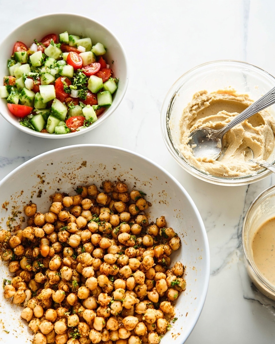 The image shows four separate dishes sitting on a white marbled surface. In the largest white bowl in the front left, there is a layer of cooked chickpeas seasoned with herbs and spices, with a slightly shiny texture. Behind it to the left is a smaller white bowl filled with chopped cucumber, tomato pieces, and fresh green herbs, creating a fresh, colorful mix of green and red. In the back center right, there is a clear glass bowl containing thick, beige hummus with a spoon resting inside. Finally, to the front right is a glass cup with a creamy, tan-colored sauce or dressing and a spoon inside. Photo taken with an iphone --ar 4:5 --v 7