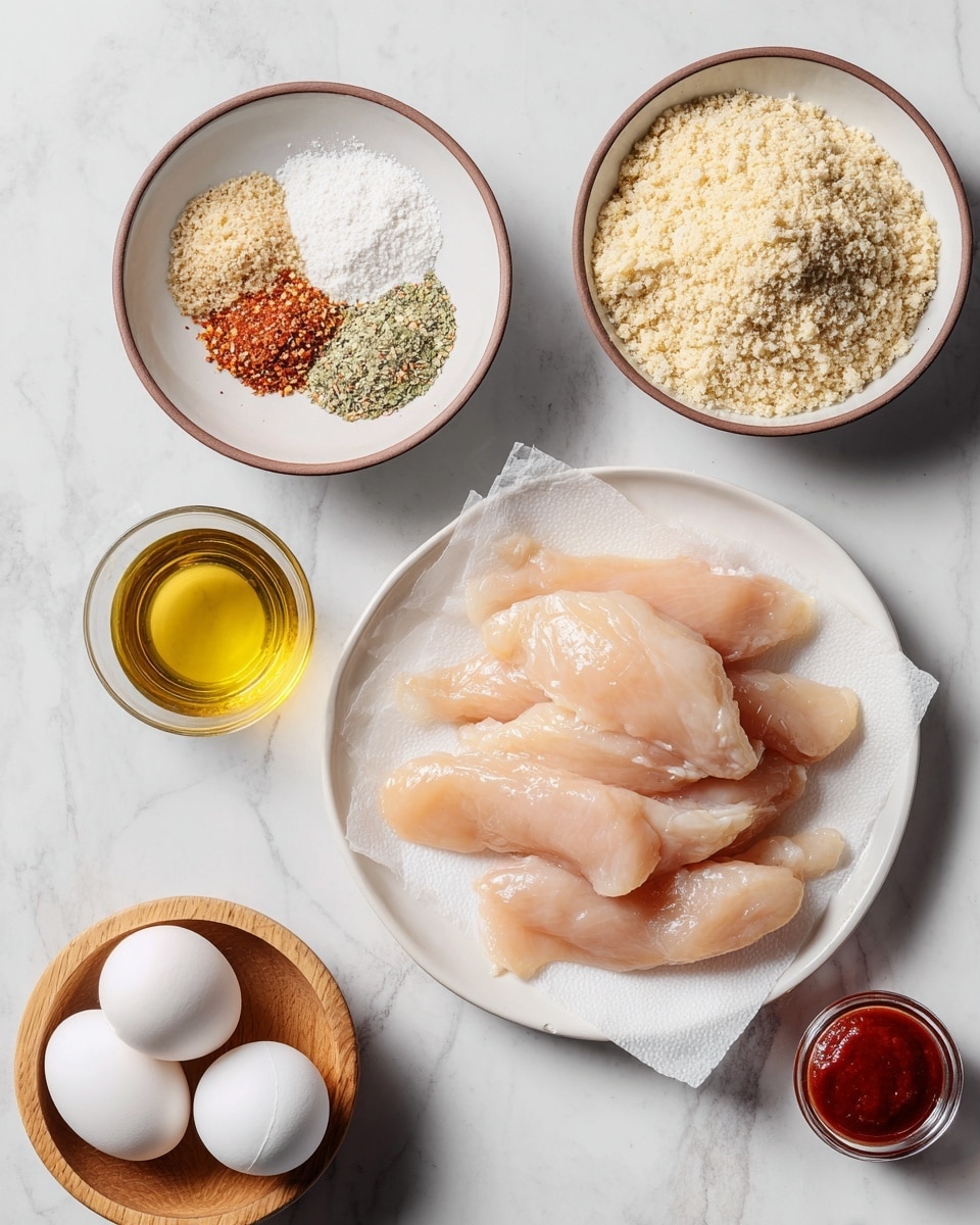 A white round plate holds seven pieces of raw pale pink meat strips arranged in a slightly overlapping pattern on white parchment paper, placed near the center. Above it, there are two white bowls with thin brown rims; the upper one has finely ground crumbs with four small mounds of seasoning—white, light yellow, red, and beige—on the left side, while the left bowl contains a mix of finely ground crumbs with small green flecks. Below, a small wooden bowl holds three whole white eggs. To the right of the eggs, a small glass cup with light yellow oil and a jar filled with red sauce are positioned on a white marbled surface. photo taken with an iphone --ar 4:5 --v 7