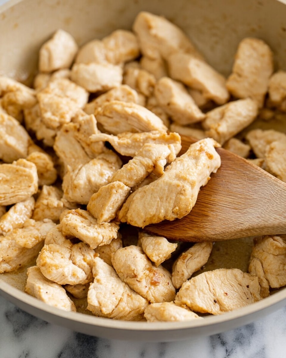 The image shows a close-up of many cooked chicken pieces in a light beige pan. The chicken pieces are light golden-brown with some parts slightly browned, giving them a textured look. A wooden spatula is lifting some of the pieces from the pan, showing the soft and tender texture of the chicken. The background is a white marbled surface, making the chicken and pan stand out clearly. photo taken with an iphone --ar 4:5 --v 7