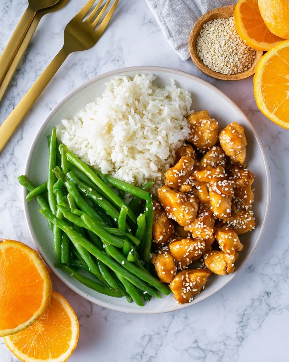 A white round plate on a white marbled surface holds three sections of food. On the left is a mound of steamed white rice with soft, separated grains. To the right of the rice is a pile of cooked green beans with a smooth, fresh texture. In front of the green beans, there are golden-brown chicken pieces covered in a shiny sauce sprinkled with white sesame seeds. Nearby, a golden spoon filled with sesame seeds, a whole orange, and a half-cut orange are placed on the surface. A gold fork and knife rest partially visible to the left of the plate. The overall look is fresh and colorful with balanced portions. Photo taken with an iphone --ar 4:5 --v 7