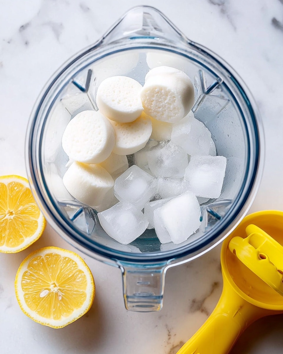 A clear blender jar sits on a white marbled surface, filled with two main ingredients in two layers: the left side of the jar holds several round, white frozen disks stacked about three layers high with a rough texture on the edges, while the right side contains irregularly shaped translucent ice cubes. To the left of the blender, two yellow lemon halves with visible juicy segments are placed on the white marbled surface, and a yellow lemon squeezer is positioned near the top right corner. The image is bright and clean, photo taken with an iphone --ar 4:5 --v 7