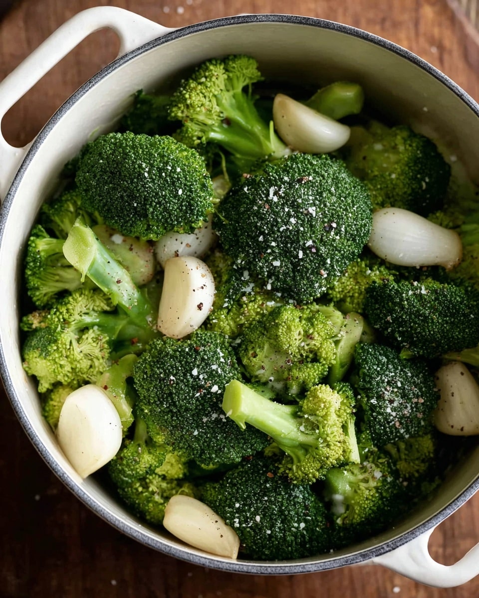 A close-up view of a white pot filled with fresh green broccoli florets and several whole peeled garlic cloves, all sprinkled lightly with salt and black pepper. The broccoli pieces show tight, dense clusters of tiny green buds on top with lighter green stalks underneath, and the garlic cloves are smooth and off-white. The pot has two handles visible on each side, resting on a brown wooden surface. photo taken with an iphone --ar 4:5 --v 7