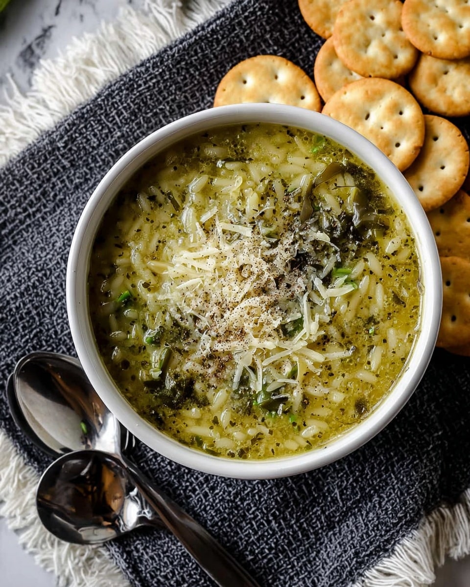 A close-up of a white pot filled with a thick soup showing soft, small yellow rice grains mixed with pieces of artichoke hearts and green herbs evenly spread throughout the broth, which has a slightly oily surface with visible black pepper specks. A silver ladle lifts a spoonful of the soup, highlighting the dense texture with layers of the creamy greenish-yellow broth, rice, and tender artichoke chunks. The pot is placed on a white marbled surface with some blurred crackers visible in the background. photo taken with an iphone --ar 4:5 --v 7