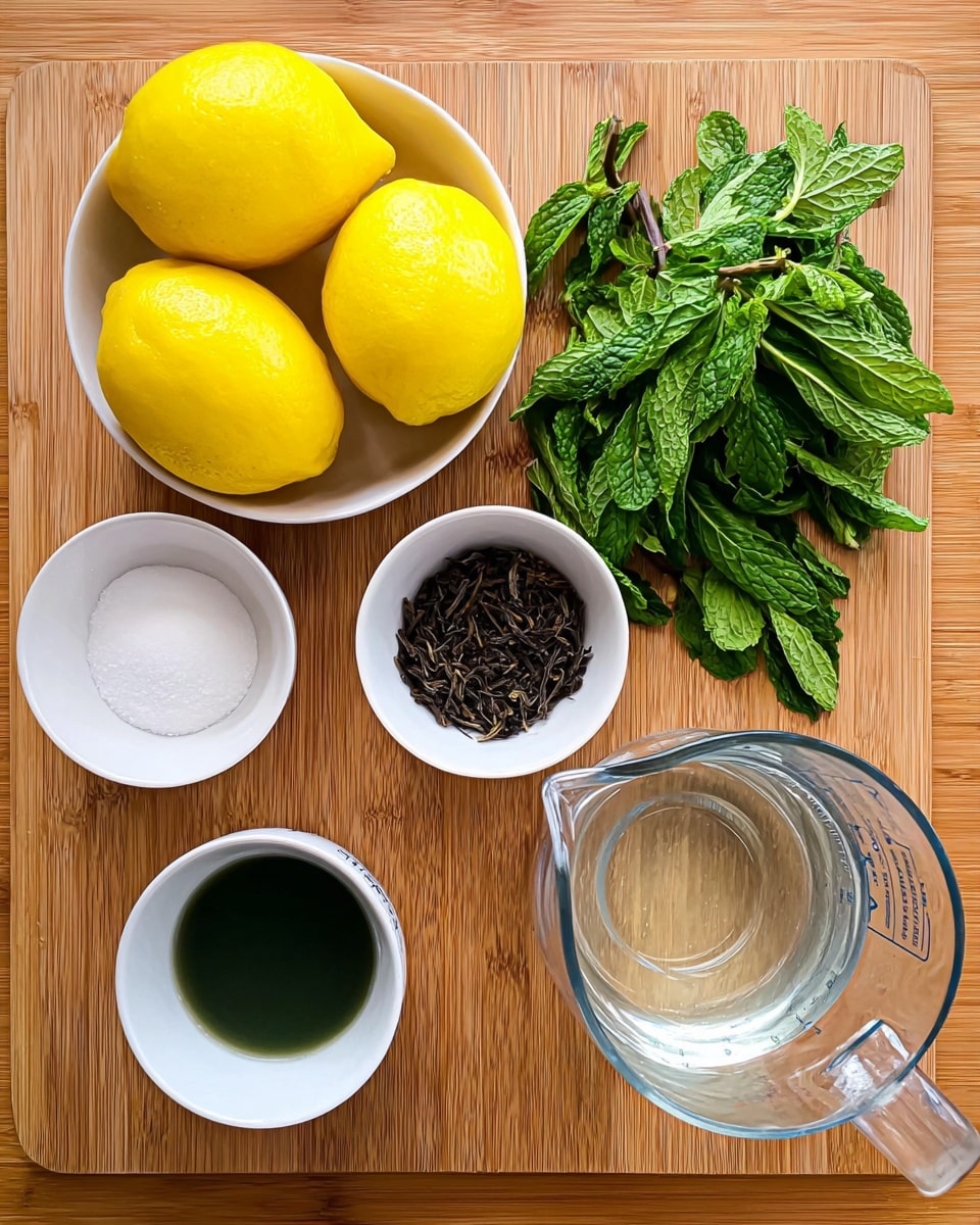 The image shows a wooden board with six items arranged neatly. In the top left, there is a white bowl filled with five bright yellow lemons. Next to the lemons, towards the center, there is a small bunch of fresh green mint leaves with visible veins and texture. To the right of the mint, there is a small white bowl containing dark brown dried tea leaves. On the bottom left, a white bowl is filled with a white granular substance, likely sugar. In the center bottom, a small white bowl holds a dark green liquid. On the bottom right, there is a clear glass measuring jug filled with water, with measurement markings visible. The scene is simple and clean, with a natural wooden board surface. photo taken with an iphone --ar 4:5 --v 7