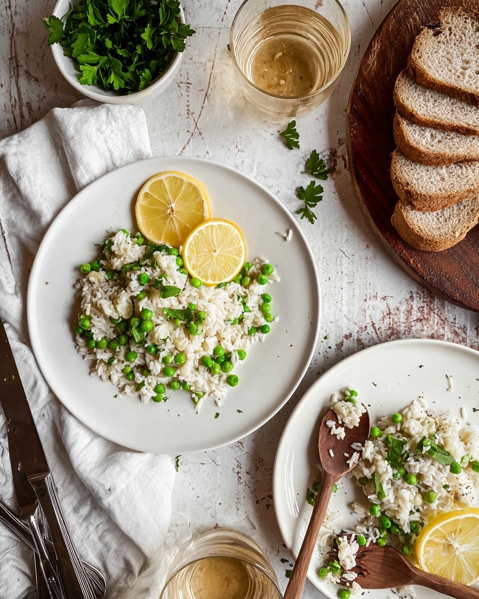 A white plate filled with a mixture of white rice and bright green peas makes up the main dish. On top, two thin lemon slices with a light yellow color rest gently, adding a fresh touch. To the right, a white plate holds more of the same rice and pea mix, slightly messy, with a wooden spoon placed on top, some rice and peas sticking to it. A white cloth napkin is partly tucked under this plate. In the upper left corner, a small white bowl with fresh green parsley adds color, alongside several slices of brown bread stacked in a fan shape. A glass of pale golden drink stands near the bottom left, next to two silver knives on a surface with a white marbled texture. Photo taken with an iphone --ar 4:5 --v 7