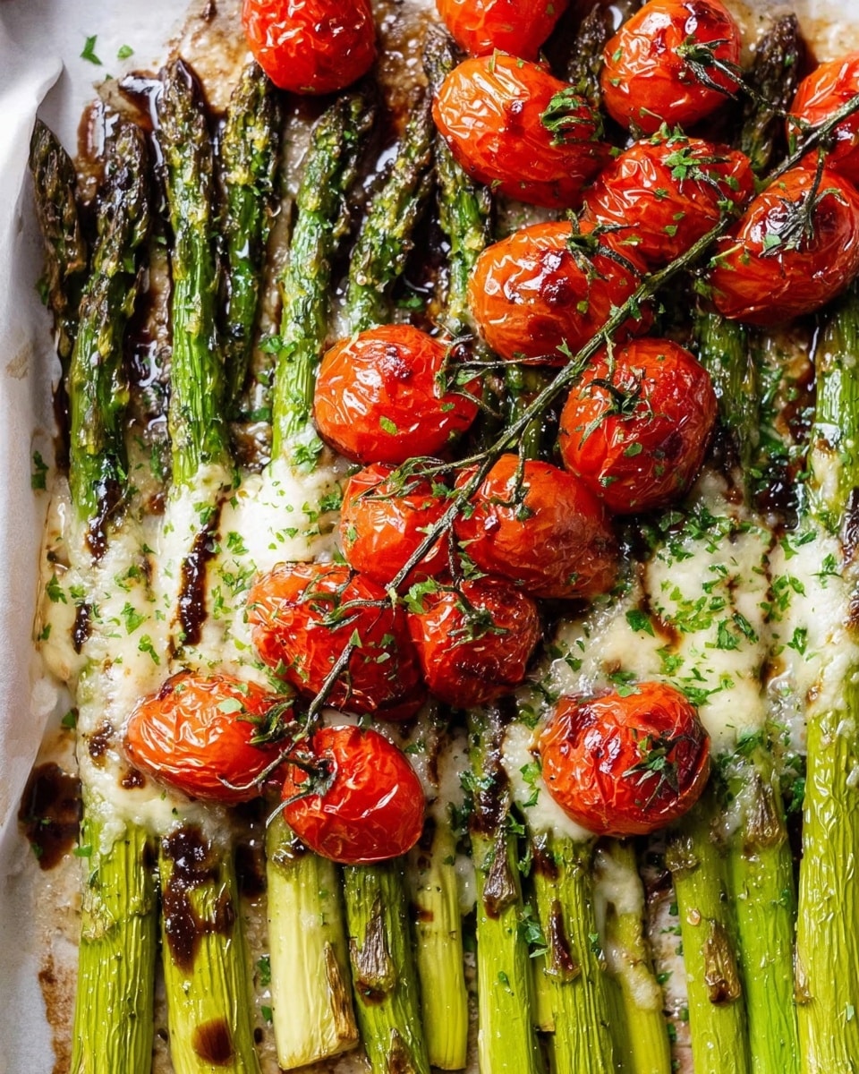 The dish shows a close-up of roasted asparagus and red cherry tomatoes on a baking tray lined with parchment paper over a white marbled surface. The asparagus spears are bright green with some charred brown spots, arranged in two main rows. Cherry tomatoes, some still on the vine, are plump and roasted with wrinkled shiny skins in a vibrant red color, placed both on top and between the asparagus. There is a layer of melted cheese over some asparagus, creamy white with slightly browned edges. The dish is sprinkled with finely chopped green herbs and has a light drizzle of dark balsamic glaze around. The photo taken with an iphone --ar 4:5 --v 7