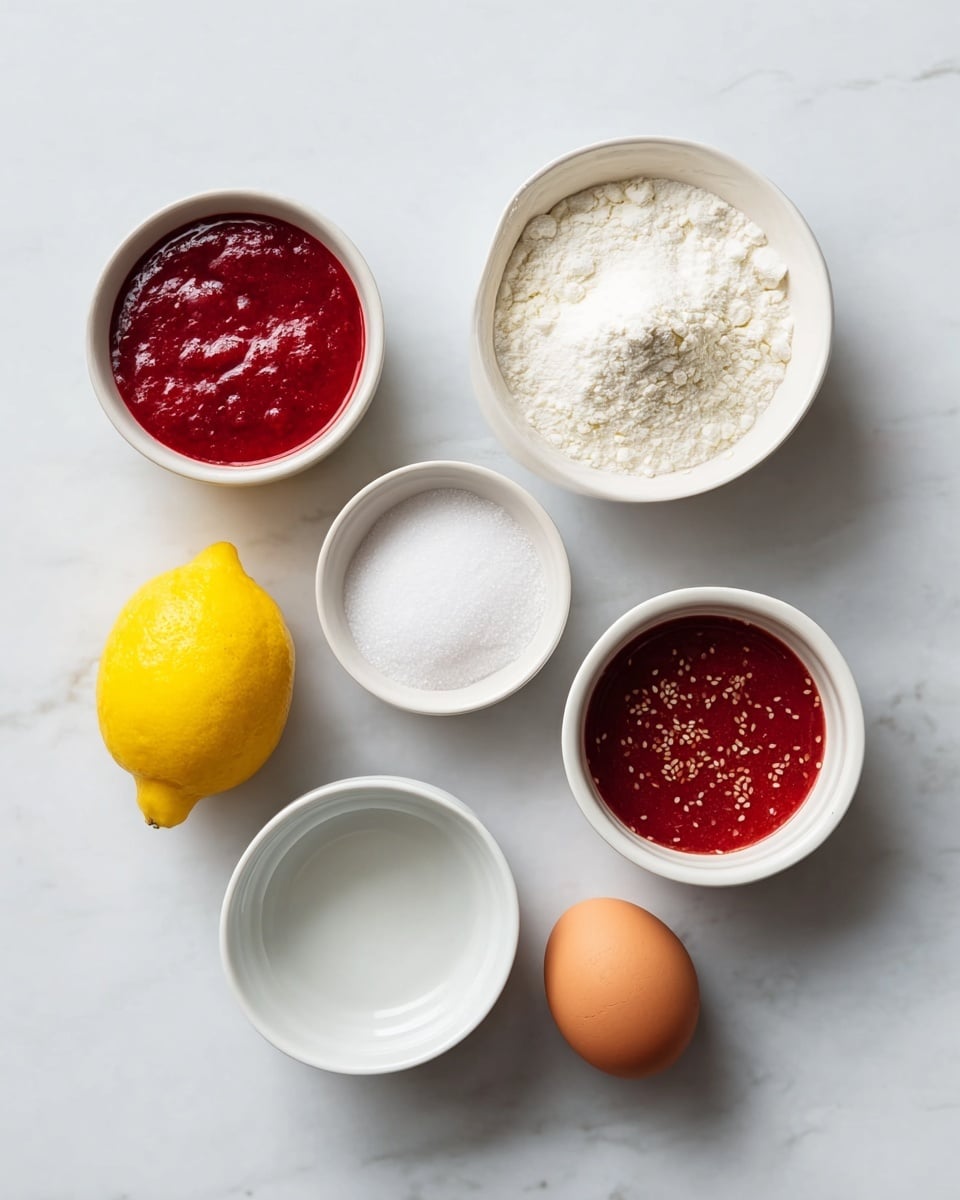 The image shows six white bowls and some whole ingredients arranged on a white marbled surface. The top left bowl contains thick red sauce with visible seeds, while the top right bowl holds a white powdery substance with small lumps. Below the top left bowl is a smaller bowl filled with fine white granulated sugar. To the right of the sugar bowl is another white bowl with more red sauce containing seeds, similar in color and texture to the top left bowl. Below this is an empty white bowl showing a smooth shiny surface inside. Beside these bowls are a whole yellow lemon, a lemon wedge facing upwards revealing its juicy inside, and a brown egg placed near the lemon. The overall arrangement is neat with a light natural shadow cast on the white marbled surface. photo taken with an iphone --ar 4:5 --v 7
