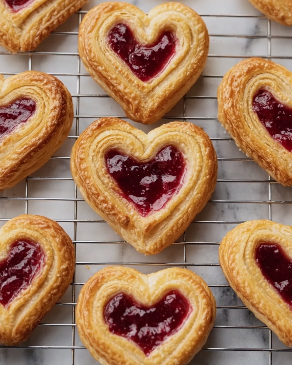 The image shows several heart-shaped pastries arranged on a wire cooling rack. Each pastry has three layers of golden-brown, flaky puff pastry with visible, crisp textures. The center of each heart is filled with a glossy, deep red berry jam that looks smooth and slightly thick, contrasting with the light, buttery pastry. The pastries are evenly spaced, and the wire rack is set against a white marbled surface. photo taken with an iphone --ar 4:5 --v 7