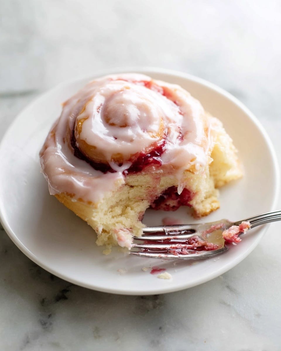 A soft, spiral-shaped cinnamon roll with three visible layers is shown on a white plate. The bottom layer is light golden and fluffy bread, the middle layer is a deep red fruit jam, and the top layer is a thick, glossy light pink icing that covers the roll unevenly. Part of the roll is missing, showing the soft inside. A fork near the roll has bits of icing and jam on it. The plate sits on a white marbled surface. Photo taken with an iphone --ar 4:5 --v 7