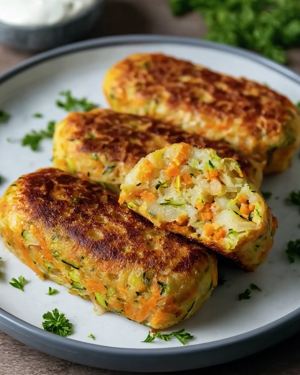 Three golden brown, crispy vegetable patties rest closely on a white plate with a grey rim. Each patty has a firm outer layer with bubbly browned spots, showing a moist inside filled with small, visible pieces of orange carrots, green zucchini, and white potato. One patty is cut in half, revealing a colorful and soft vegetable mix inside with a slightly rough texture. The white marbled surface under the plate is visible, along with some scattered small green parsley leaves adding a fresh touch. Photo taken with an iphone --ar 4:5 --v 7