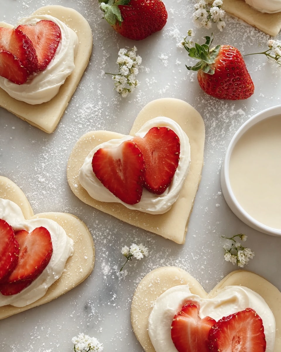 The image shows several heart-shaped pastry bases with two layers each, placed on a white marbled surface dusted lightly with flour. The bottom layer is a larger heart-shaped dough, pale beige in color with a smooth texture. The top layer is a slightly smaller heart-shaped dough that sits centered on the bottom layer, creating a thin border. Each top layer has a dollop of creamy white filling, thick and smooth, topped with three bright red, fresh strawberry slices arranged close together. Whole strawberries with green leafy tops and small white flowers are scattered around the dough hearts for decoration. A white bowl with creamy liquid is visible on the right side. Photo taken with an iphone --ar 4:5 --v 7