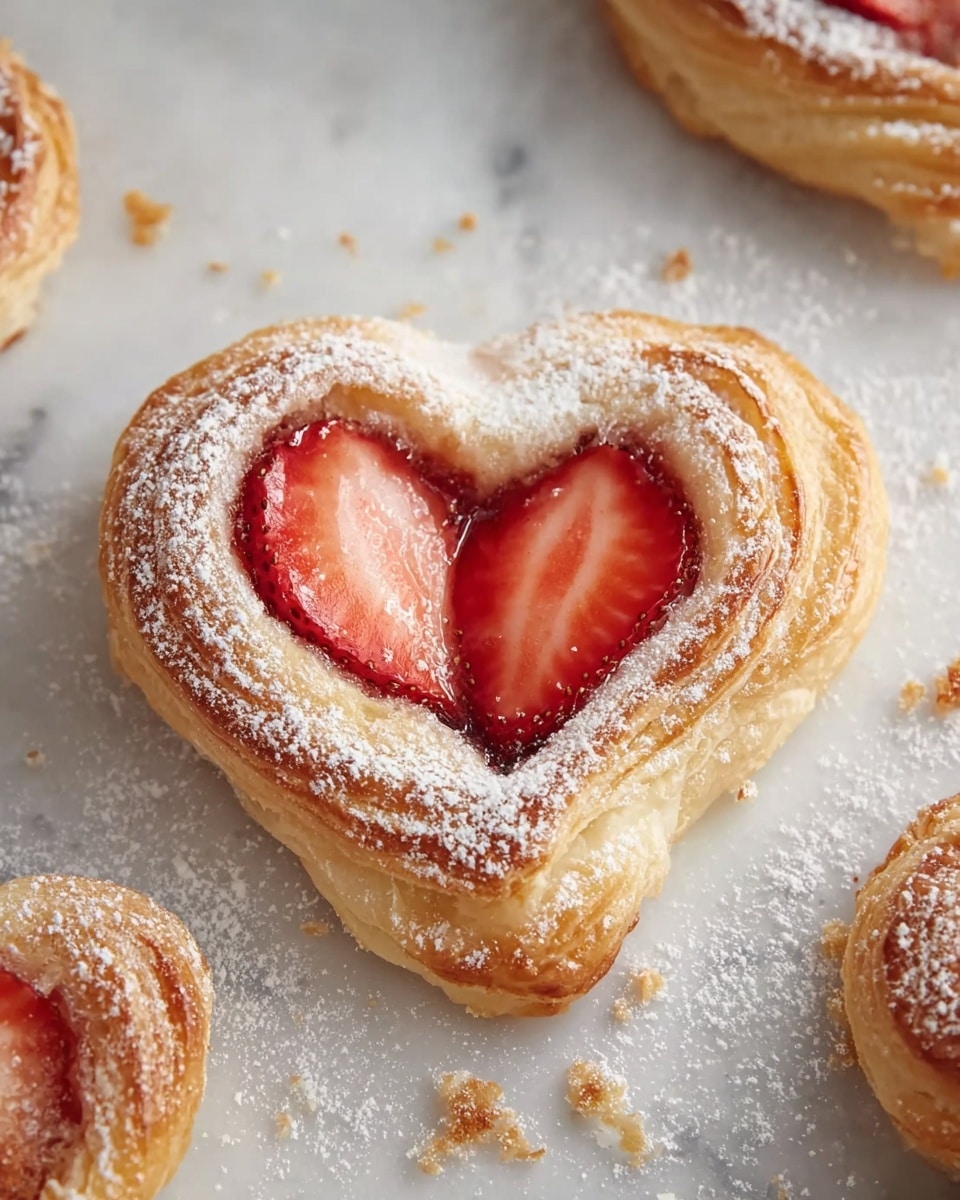 A heart-shaped pastry with a golden-brown, flaky crust forms the base layer. Inside the heart shape, there are two bright red strawberry slices positioned next to each other in the center. The pastry is dusted lightly with powdered sugar that covers the crust and parts of the strawberries, creating a soft white contrast against the red and golden hues. The pastry sits on a white marbled surface scattered with small crumbs and a light dusting of powdered sugar. Partial views of other similar pastries appear around the main heart-shaped one. photo taken with an iphone --ar 4:5 --v 7