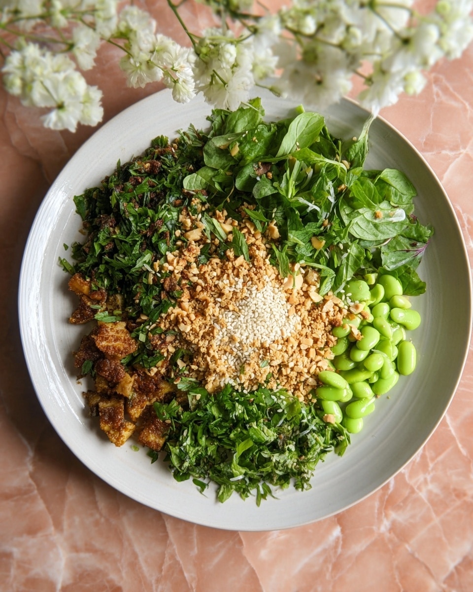 The dish is presented in a white plate filled with five visual layers: on the left side, there are small pieces of cooked, golden brown meat at the bottom; next to it is a layer of chopped green herbs with dark green leaves; the middle is covered with a thick layer of light brown crushed nuts and small white sesame seeds; to the right of this is bright green chopped herbs that look fresh and leafy; and on the far right, there is a small group of light green edamame beans with more green leaves tucked beside them. The plate sits on a white marbled texture surface with some white flowers in the top left corner. photo taken with an iphone --ar 4:5 --v 7