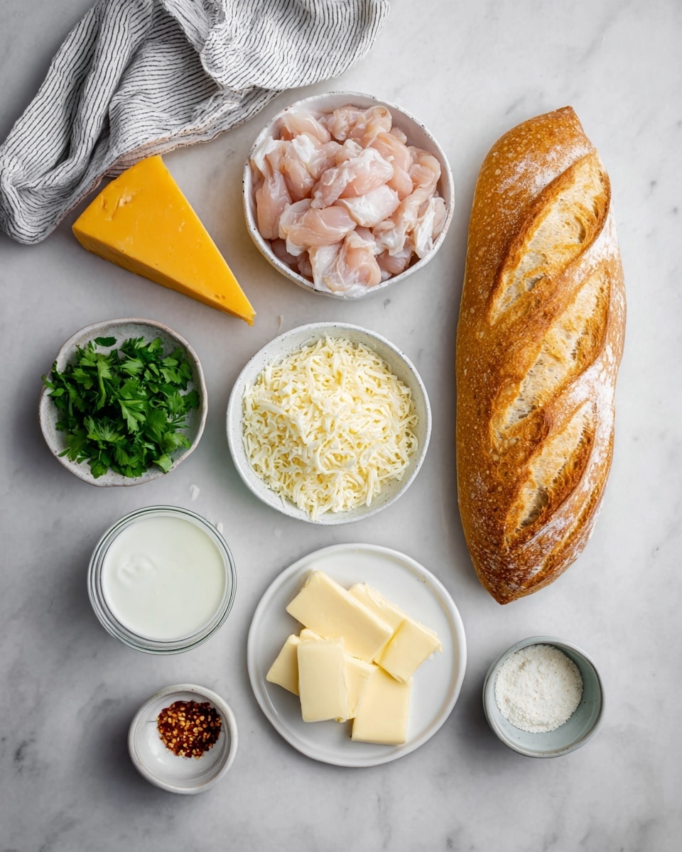 The image shows an overhead view of several ingredients neatly arranged on a white marbled surface. On the right side, there is a whole loaf of golden brown crusty bread with three diagonal slashes on top. Near the center, a small white bowl is filled with grated white cheese, and above it is a larger white bowl filled with small light pink pieces of raw chicken. Below the cheese is a small bowl of fresh green parsley leaves. To the left, there is a wedge of hard yellow cheese standing upright, and just above it is a small glass cup filled with white cream. Below the cream is a small bowl with a heap of grated pale yellow cheese or finely chopped garlic. Below this, a round white saucer has three rectangular pats of butter, pale yellow in color. At the bottom, two small bowls contain white powder and red chili flakes. A white and gray striped cloth is placed on the top left corner. Photo taken with an iphone --ar 4:5 --v 7