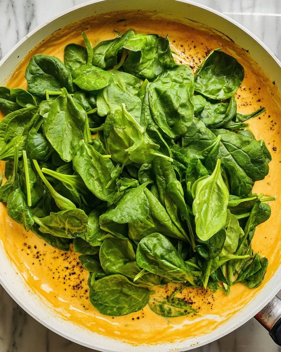A white pan filled with a creamy orange sauce that has a smooth texture, slightly thick with small black pepper specks around the edges. On top, there is a large pile of fresh bright green spinach leaves with different shapes and sizes, some flat and some slightly curled, covering most of the sauce underneath. The sauce is visible around the edges, contrasting with the vibrant green of the spinach. The scene is set on a white marbled surface. photo taken with an iphone --ar 4:5 --v 7