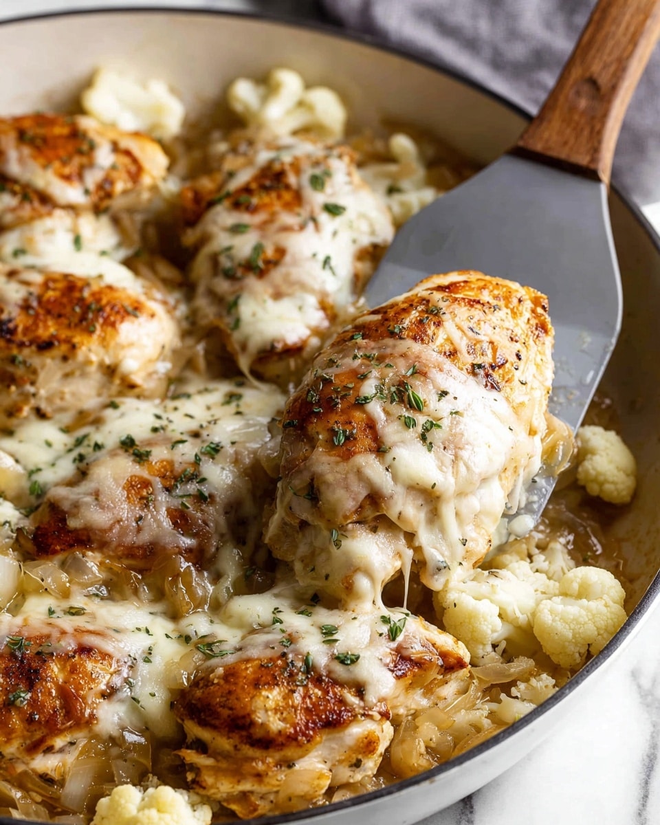 A white pan filled with several cooked chicken pieces layered with light brown cooked onions and topped with melted white cheese, scattered with small green herb leaves and black pepper. Underneath the chicken, there are chunky pieces of soft, pale beige cauliflower, all sitting on a white marbled surface. A gray spatula with a wooden handle lifts one chicken piece out of the pan, showing the layers clearly. The cheese has a smooth and slightly browned texture, and the onions look soft and caramelized photo taken with an iphone --ar 4:5 --v 7