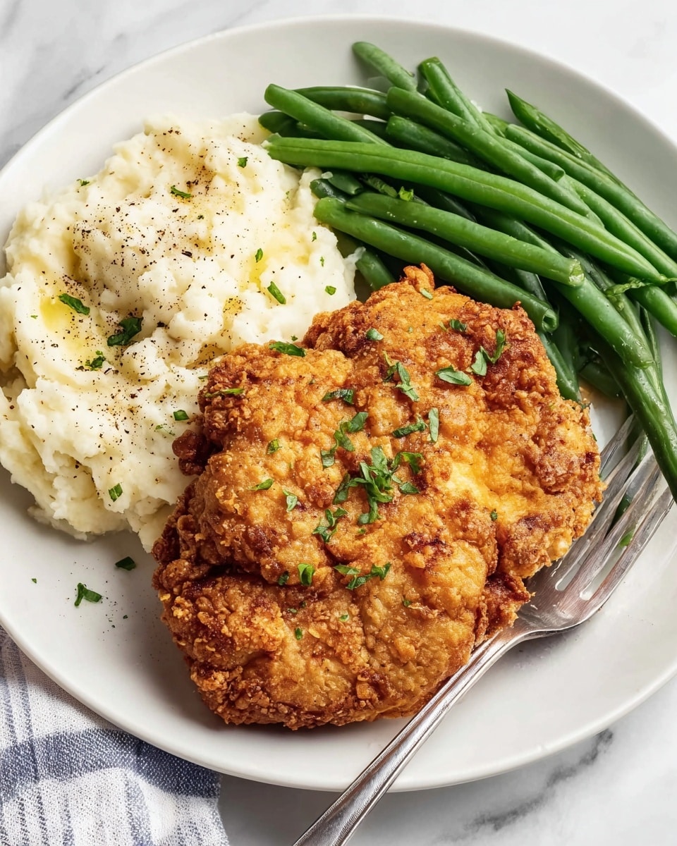A white plate holds a meal with three main parts: on the left is a soft, creamy layer of mashed potatoes topped with black pepper; next to it on the right are bright green cooked green beans stacked neatly; in the center and front is a large, golden-brown fried chicken piece with a crispy, textured surface sprinkled with small pieces of green herbs. A silver fork is at the bottom right touching the chicken. The plate sits on a white marbled surface. photo taken with an iphone --ar 4:5 --v 7