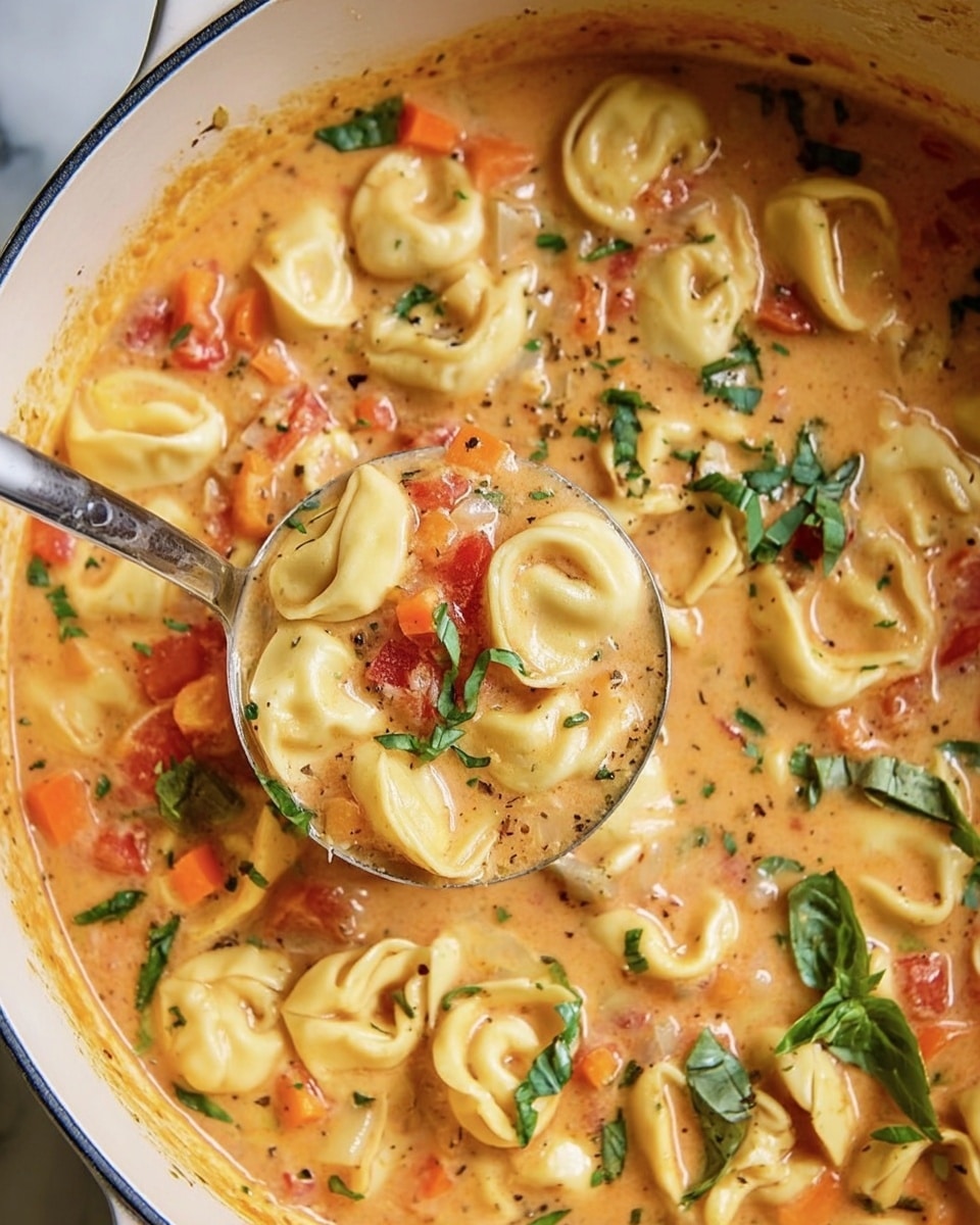 A close-up top view of a creamy soup in a white pot placed on a white marbled surface, showing soft yellow tortellini pasta floating in a light orange creamy broth. The soup contains small diced bright orange carrots, red tomato pieces, and translucent onion bits, all mixed throughout. Fresh green basil leaves are sprinkled on top, adding a touch of vibrant contrast. A ladle is scooping some soup, filled with tortellini, carrot, tomato, and broth. The textures are smooth and slightly chunky, with herbs and vegetables spread evenly. Photo taken with an iphone --ar 4:5 --v 7