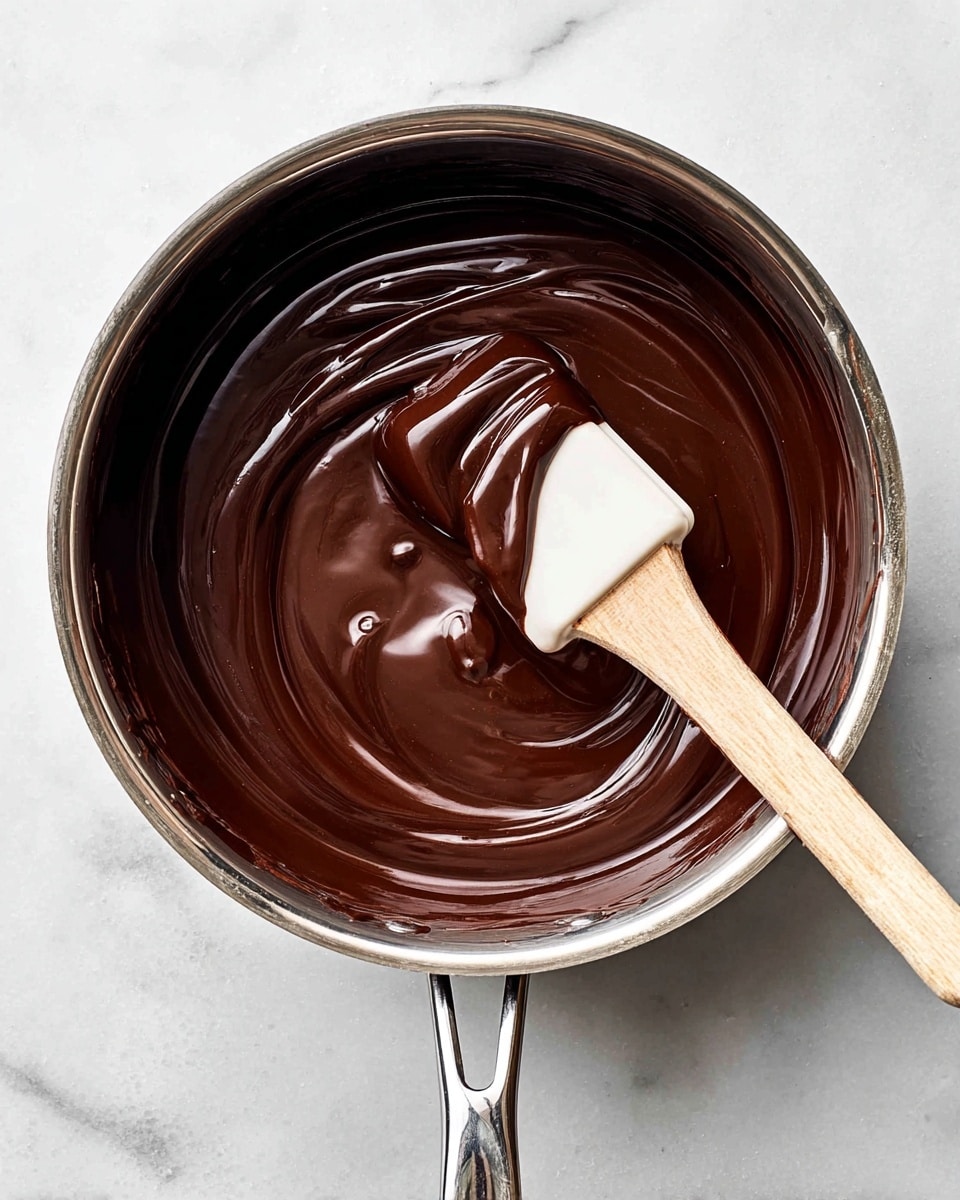 A clear glass pan filled with thick, dark brown chocolate sauce with a smooth and shiny texture is shown from above. A spatula with a white rubber head and a wooden handle is partially dipped into the sauce, creating soft swirls and peaks in the glossy chocolate. The pan has a reflective metal handle, and the setting is on a white marbled surface. photo taken with an iphone --ar 4:5 --v 7