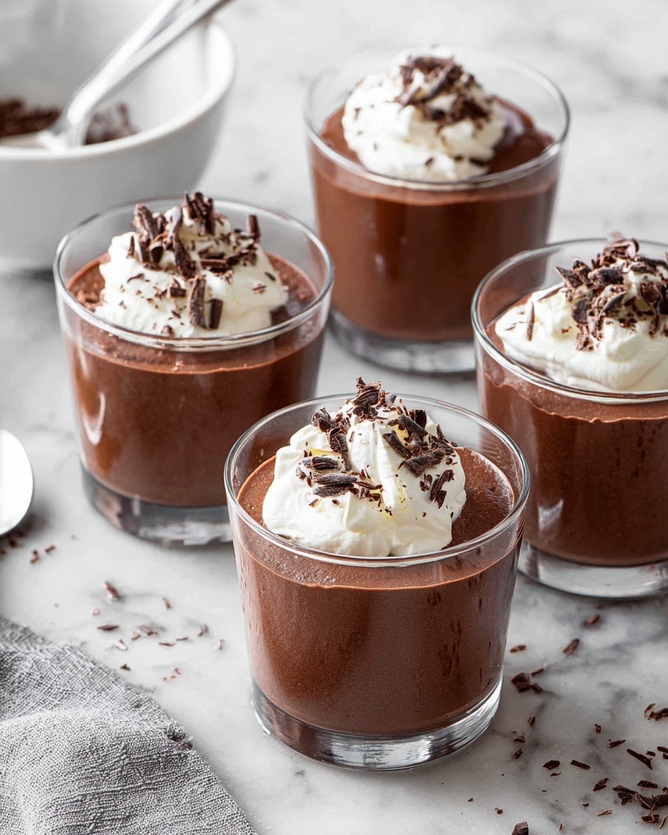 Four clear glass cups each have two layers: a thick, smooth dark brown chocolate pudding at the bottom and a dollop of white whipped cream on top. Small dark chocolate shavings are sprinkled over the whipped cream. The cups sit on a white marbled surface with some chocolate shavings scattered nearby. There is also a white bowl with a silver spoon resting on the surface in the background. Photo taken with an iphone --ar 4:5 --v 7