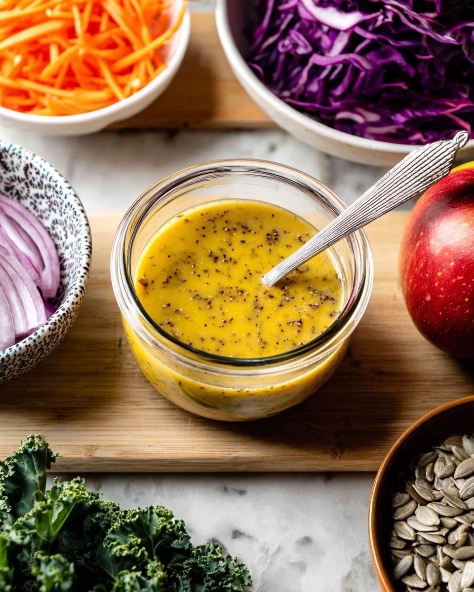 A small clear glass bowl filled with yellow mustard dressing speckled with black pepper sits center on a light wooden board. A silver spoon with a textured handle rests inside the bowl, partially buried in the dressing. Surrounding the bowl are various ingredients: a white bowl with finely shredded bright orange carrots on the left, a patterned bowl with thinly sliced purple onions above, a whole red apple with a stem to the top right, a white bowl with large pieces of purple cabbage to the right, a dark bowl filled with pale sunflower seeds at the bottom right, and fresh green kale leaves in a pale bowl at the bottom left. The background is a smooth white marbled surface. Photo taken with an iphone --ar 4:5 --v 7