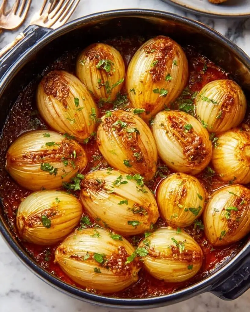 Baked Ground Beef Stuffed Onions with Pomegranate Molasses Sauce Recipe