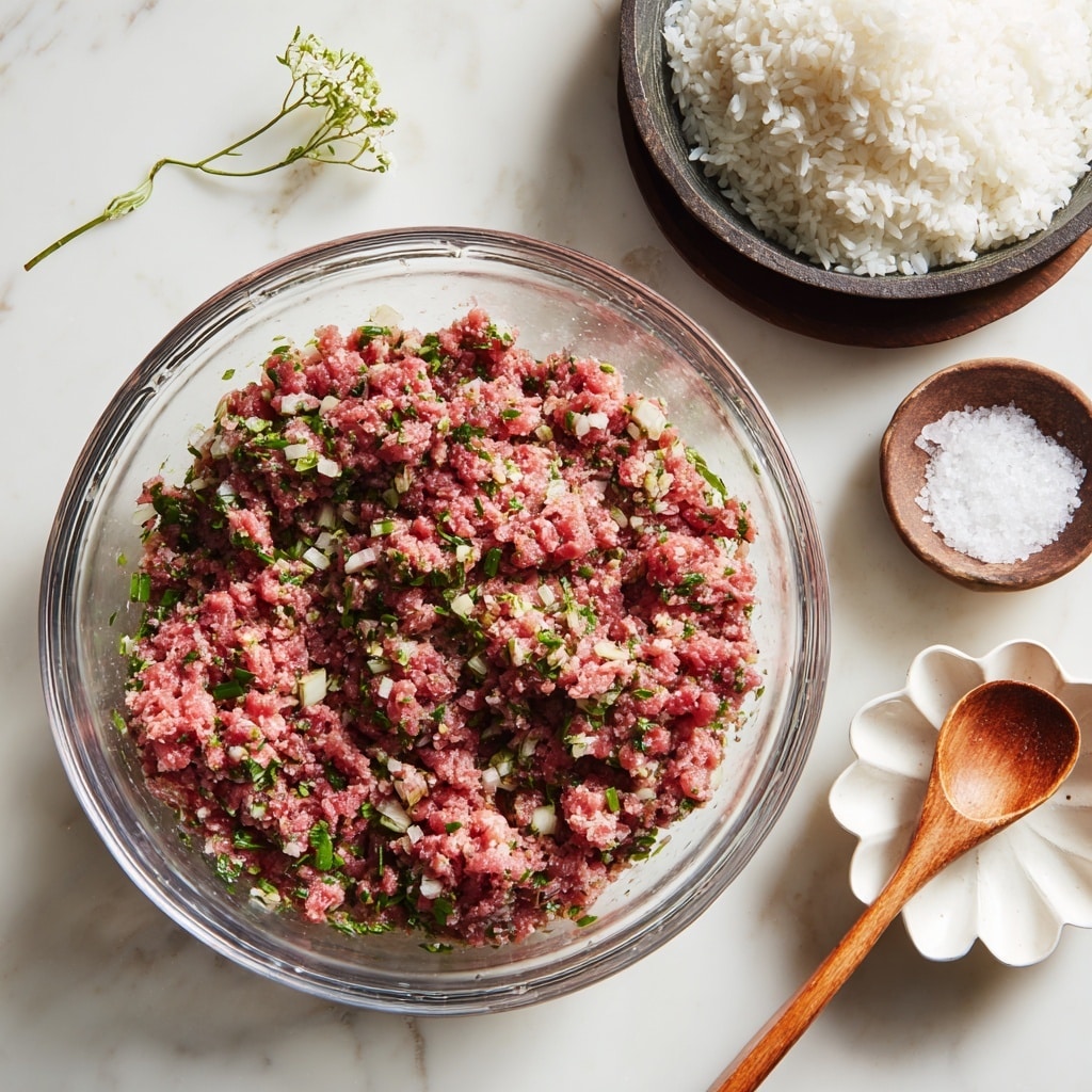 A clear round glass bowl sits on a white marbled surface, filled with a mixture of raw ground meat with a reddish-pink color, mixed with chopped green herbs and small pieces of white onion, creating a rough texture across the top. Nearby, a dark bowl holds uncooked white rice with a wooden spoon resting on it, and a small white flower-shaped bowl contains a coarse white ingredient, likely salt. The background is softly lit, giving a clean and fresh look to the ingredients, photo taken with an iphone --ar 4:5 --v 7