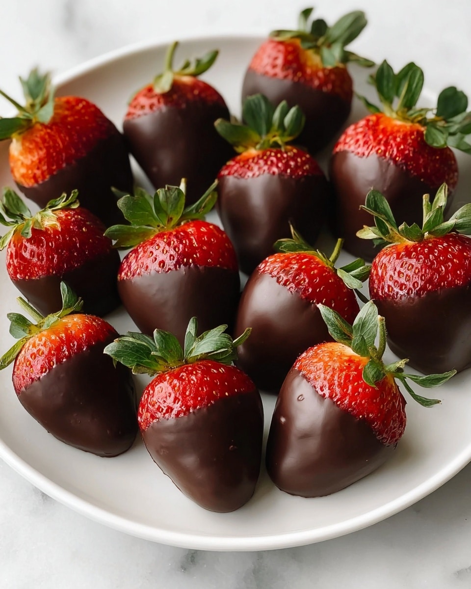 The image shows ripe red strawberries, each dipped about two-thirds of the way in smooth, dark chocolate. Some strawberries have thin stripes of milk chocolate drizzled horizontally over the dark chocolate layer, while others have thin white chocolate stripes in a similar pattern. The strawberries have bright green leafy tops and are arranged on a white plate set on a white marbled surface, giving a clean and fresh look. The textures contrast between the glossy chocolate coating and the juicy, dimpled strawberry skin. photo taken with an iphone --ar 4:5 --v 7