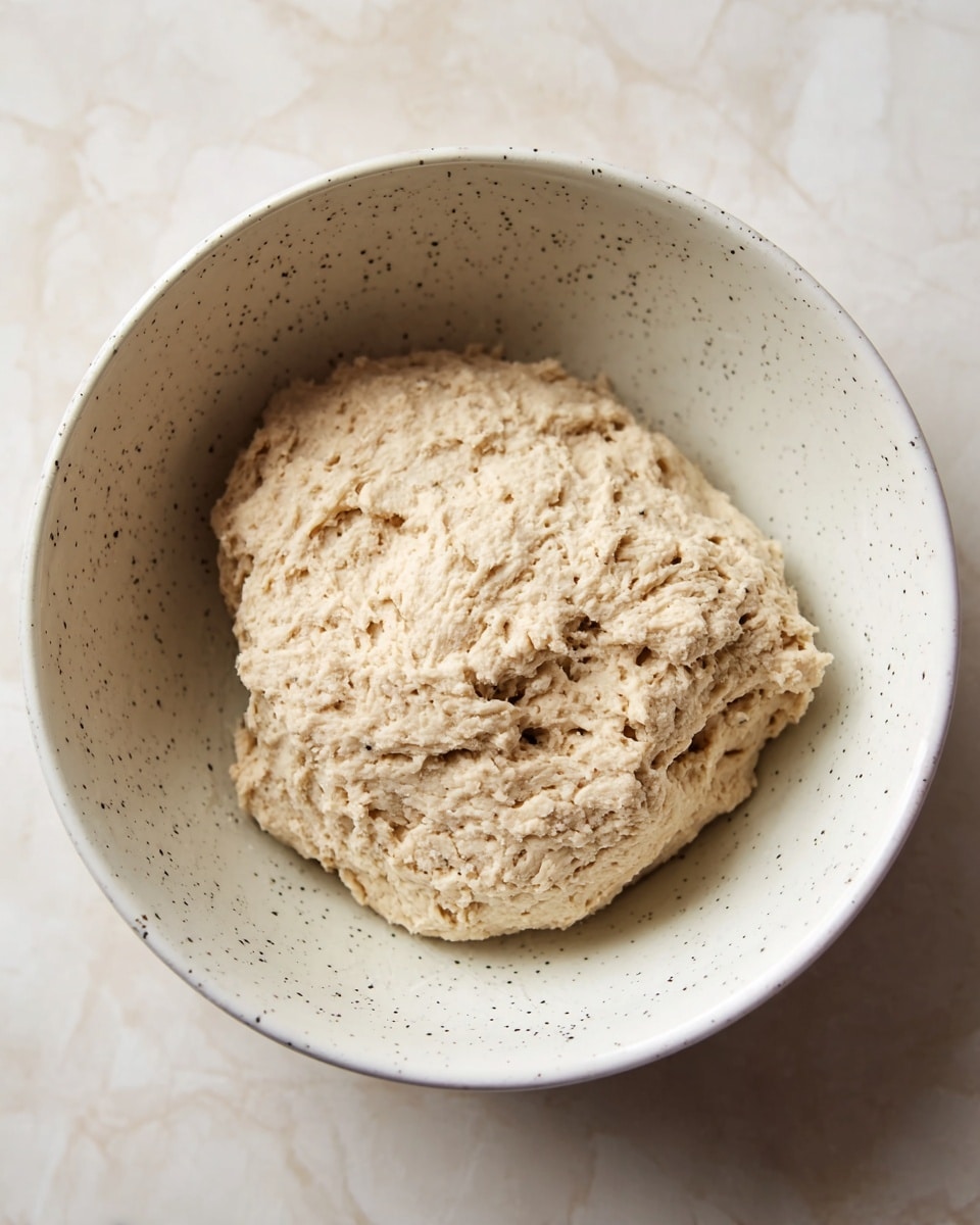 The image shows a single large scoop of light brown dough with a rough, slightly airy texture inside a white bowl with tiny black speckles. The dough is placed centrally in the bowl, which is on a surface with a white marbled texture. The dough looks soft and lumpy with small holes and uneven shapes on its surface, filling most of the bowl’s bottom. Photo taken with an iphone --ar 4:5 --v 7