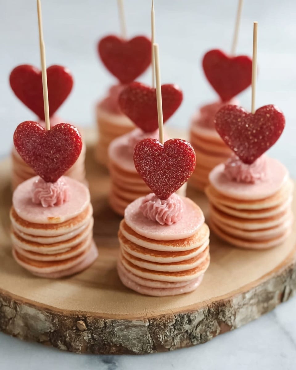 Small stacks of pink mini pancakes, about six to seven layers high, are arranged on a round wooden board with bark edges. Each stack is topped with a red heart-shaped strawberry piece, pierced through the center with a thin wooden skewer. The pancakes have a smooth texture with slight browning on top, and the strawberry hearts show textured seeds and a shiny surface. The background is a white marbled surface that softly contrasts with the warm colors of the pancakes and strawberries. photo taken with an iphone --ar 4:5 --v 7