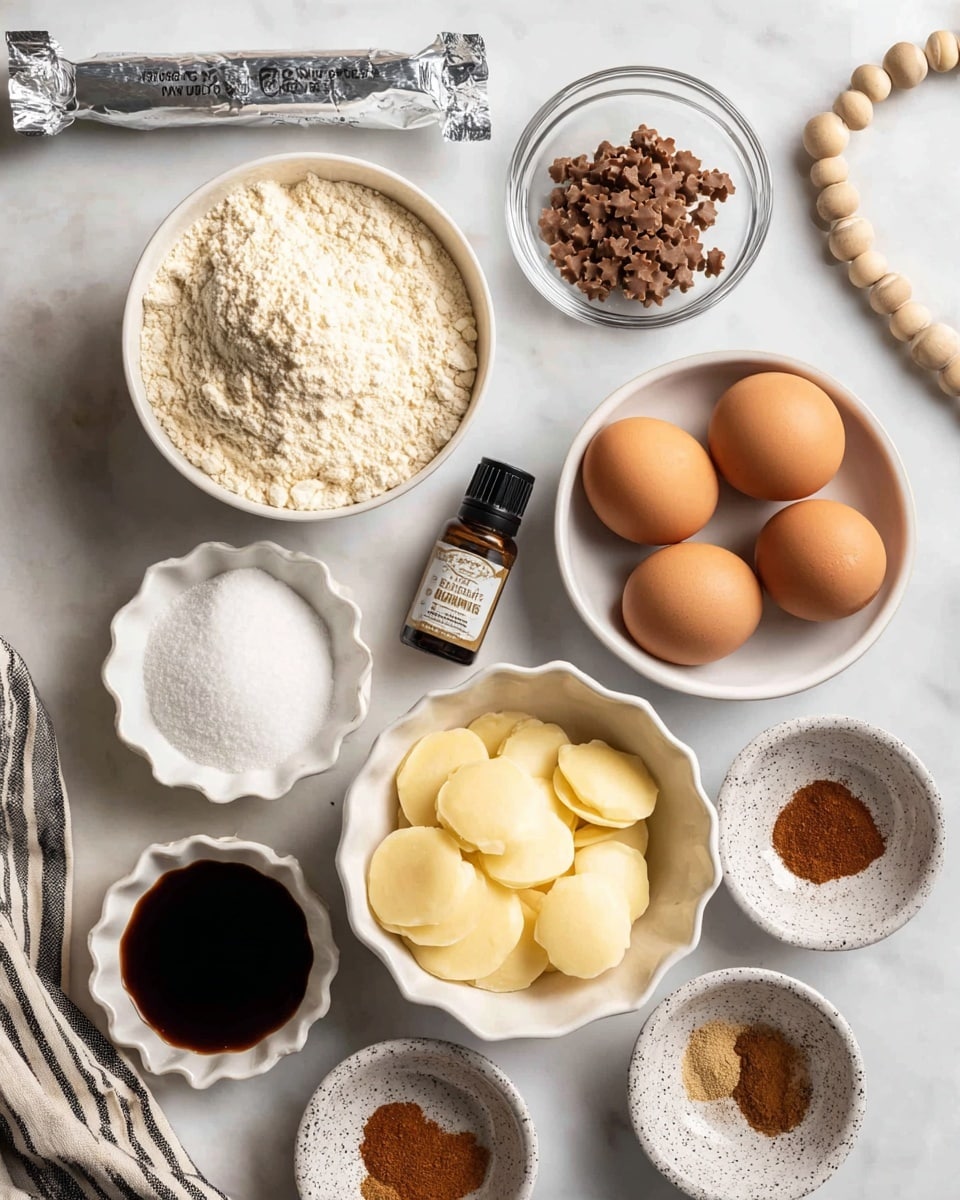The image shows several ingredients placed on a white marbled surface, each in small white bowls or loose. There is a bowl of light beige flour with a slightly crumbly texture on the top left, next to a silver wrapped butter stick. To the top right is a small clear bowl of brown tiny flower-shaped pieces. Below that are three brown eggs grouped together. Next to the eggs is a white bowl filled with fine white powdered sugar, and near it is a small dark brown bottle of liquid color labeled