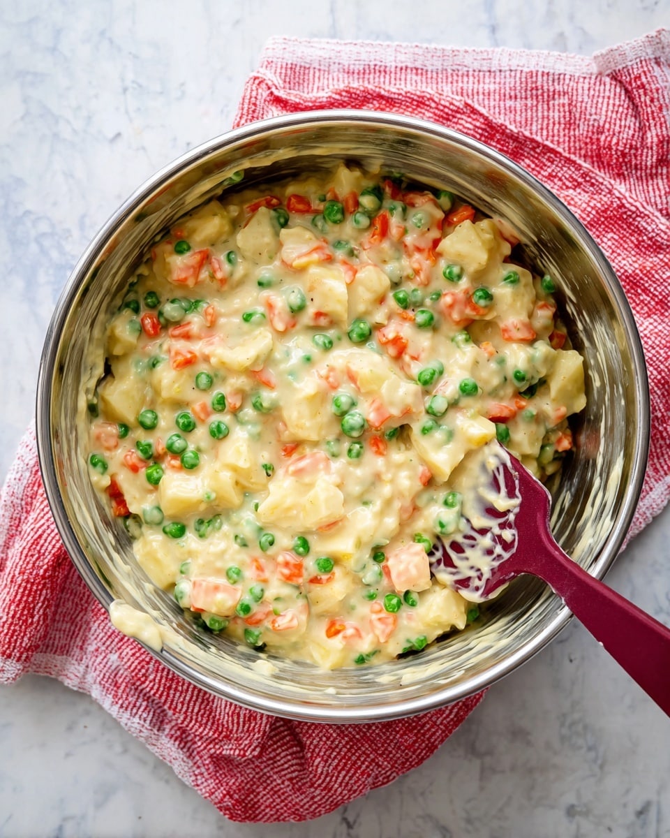 A shiny silver mixing bowl on a white marbled surface with a red and white checkered cloth partially under it. Inside the bowl is a creamy mixture with three main visible layers of small bright green peas, small orange carrot cubes, and pale yellow potato chunks mixed evenly in thick pale yellow sauce. A dark red spatula is partially dipped into the bowl on the right side, covered with some of the creamy mixture. Photo taken with an iphone --ar 4:5 --v 7