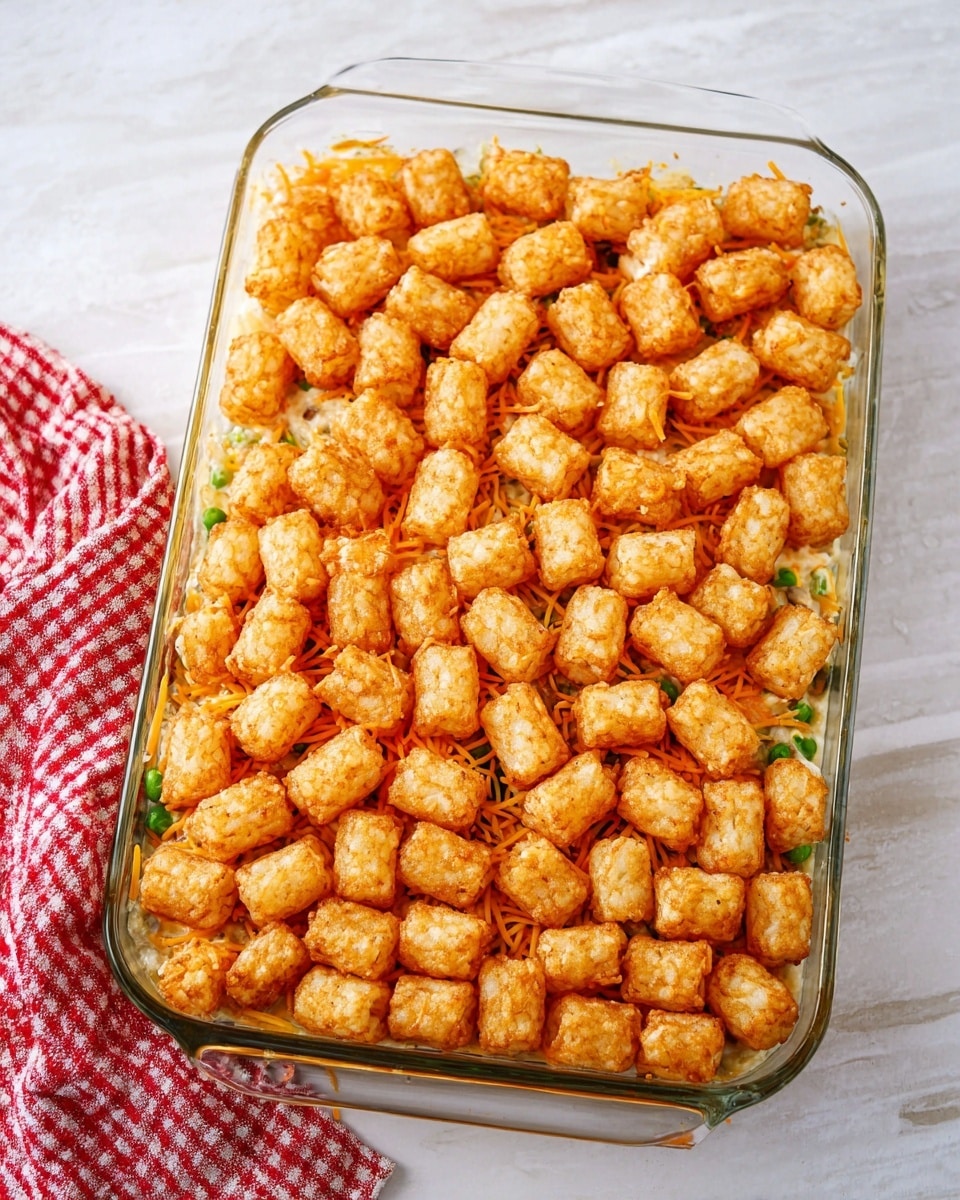 A clear glass rectangular baking dish filled with a layered casserole, topped with a thick layer of small, crispy golden tater tots arranged closely together. Underneath the tater tots is a layer of bright orange shredded cheese, and below that, faint hints of green vegetables are visible. The dish sits on a white marbled surface with a red and white checkered cloth partially visible beside it. The tater tots have a crunchy texture with a warm golden color. photo taken with an iphone --ar 4:5 --v 7