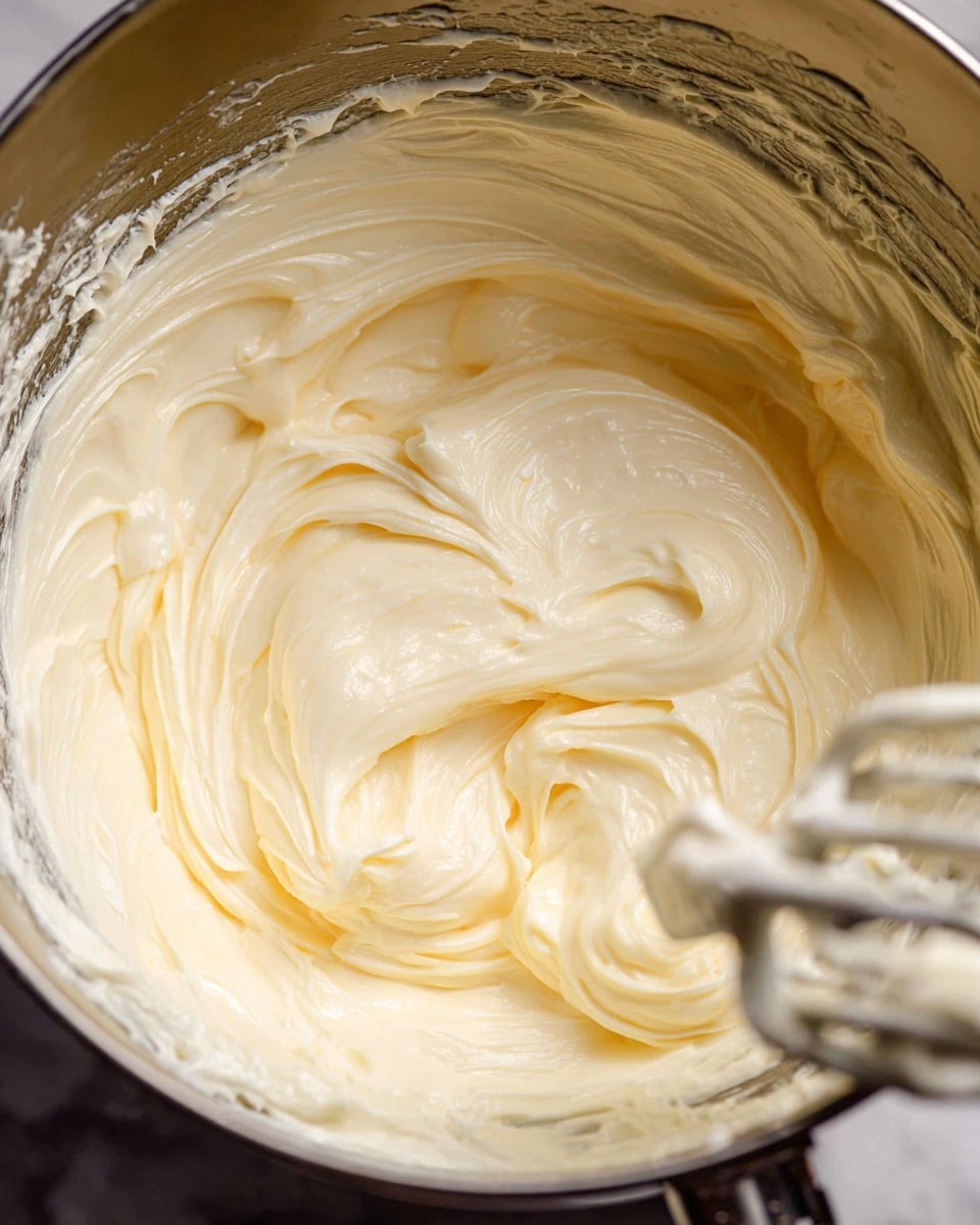 A close-up view inside a metal mixing bowl filled with smooth, creamy, pale yellow frosting. The frosting has soft swirls and fluffy texture, showing light ridges and gentle peaks all around. A metal mixer beater partially covered with the same frosting is visible at the bottom right corner inside the bowl. The bowl edges are clean with light traces of frosting near the top. The whole scene is set on a white marbled texture. Photo taken with an iphone --ar 4:5 --v 7