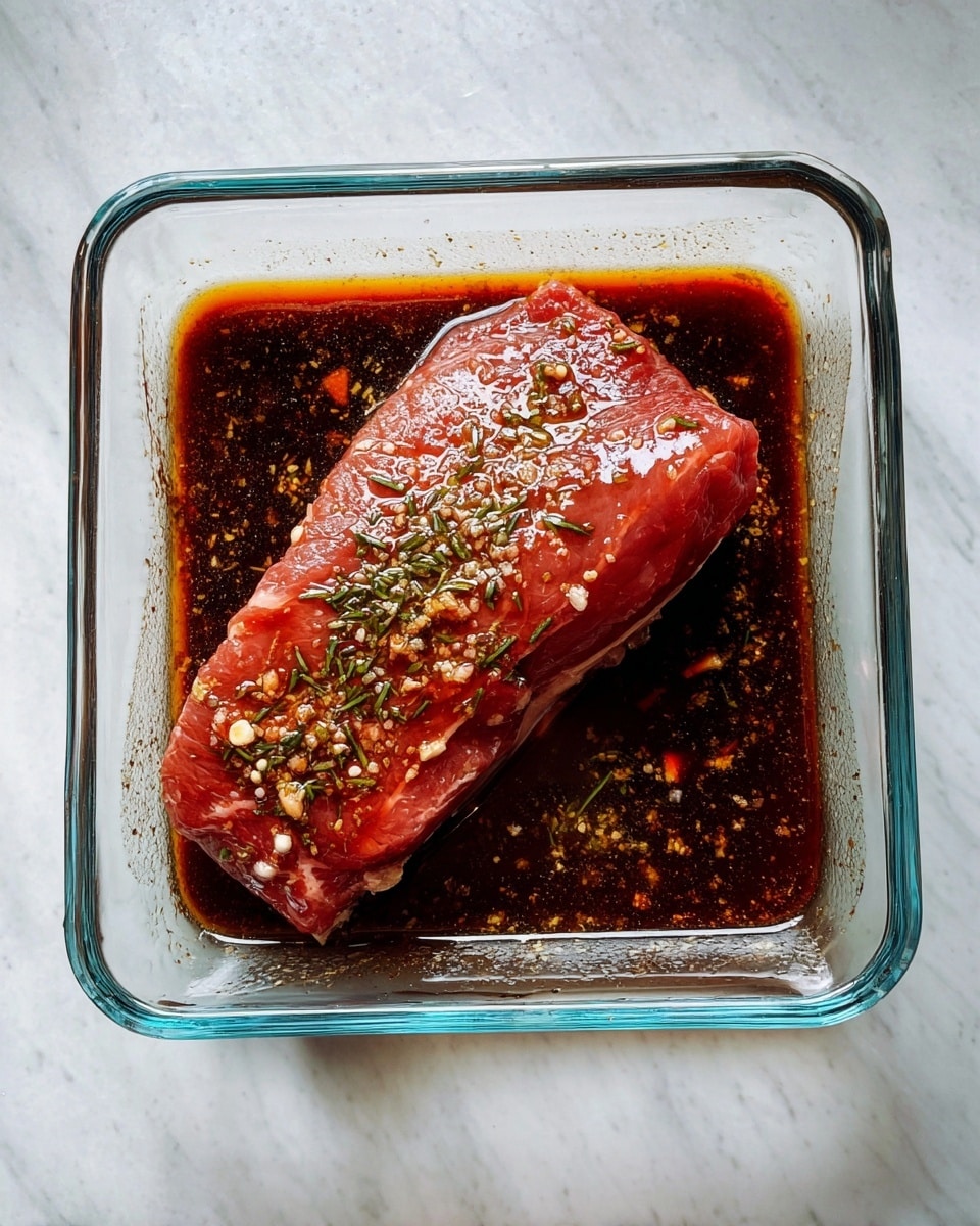 A raw red piece of meat is lying inside a clear square glass dish, soaking in a dark brown marinade with visible small bits of herbs sprinkled on top and floating in the liquid. The meat has a shiny, wet texture and covers most of the dish’s surface. The dish sits on a white marbled surface. photo taken with an iphone --ar 4:5 --v 7